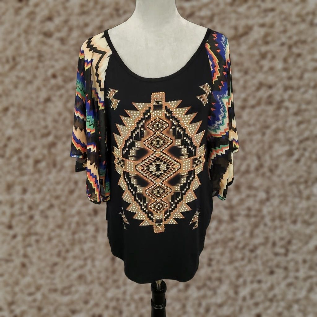 Bell Vocal Aztec Tunic Blouse Womens Small Multicolor Bohemian Bell Sleeve Pullover Size S / US 4 / IT 40 - 1 Thumbnail