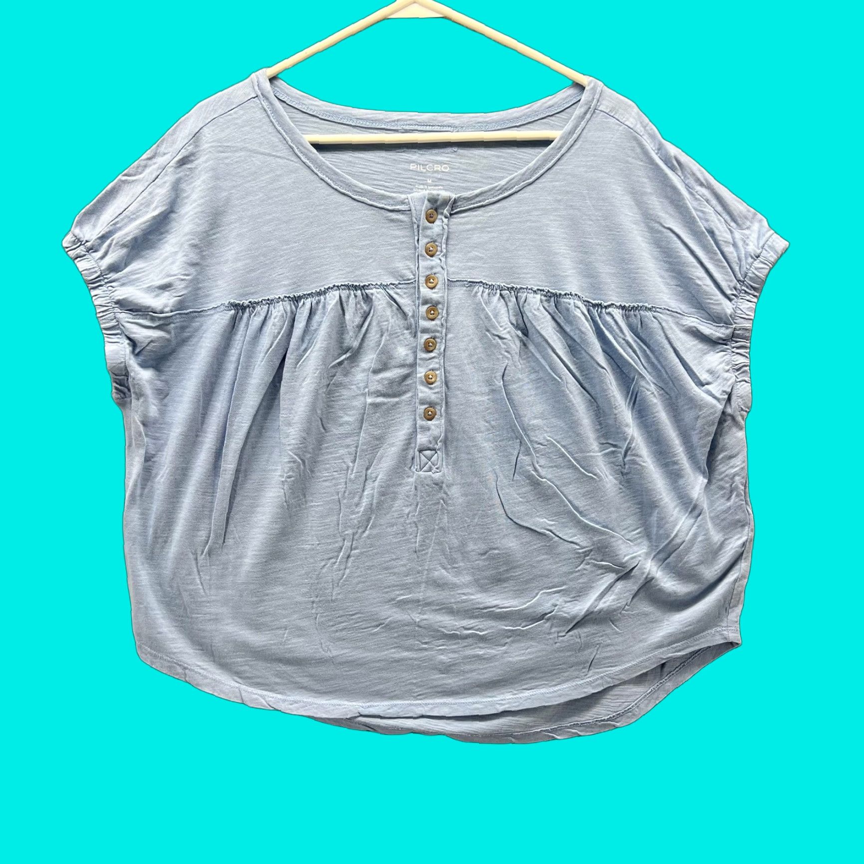 Vintage Pilcro Shirt Womens Medium Blue 100% Cotton Scoop Neck Button Dolman Tee Top Size M / US 6-8 / IT 42-44 - 1 Thumbnail