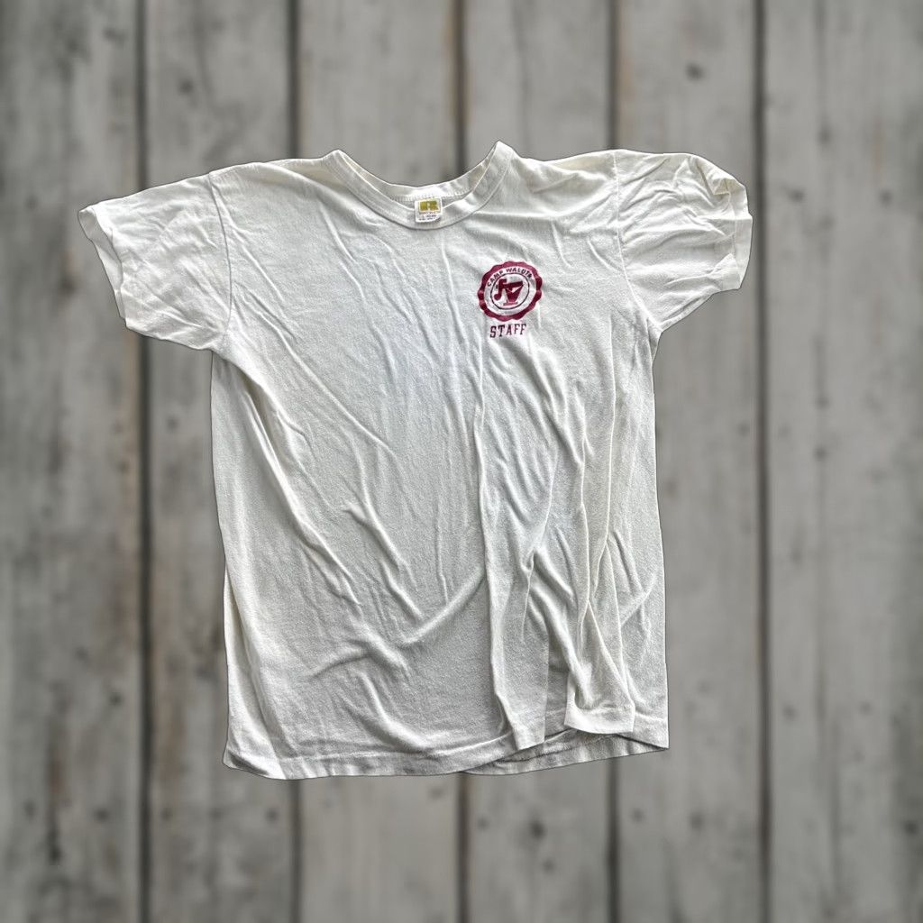 Russell Athletic VINTAGE Camp Waluta Staff Shirt Mens Large White Russell Mills Single Stitch Tee Shirt Mens Large White Camp Waluta Graphic Print 90s Mens Size US L / EU 52-54 / 3 - 1 Thumbnail