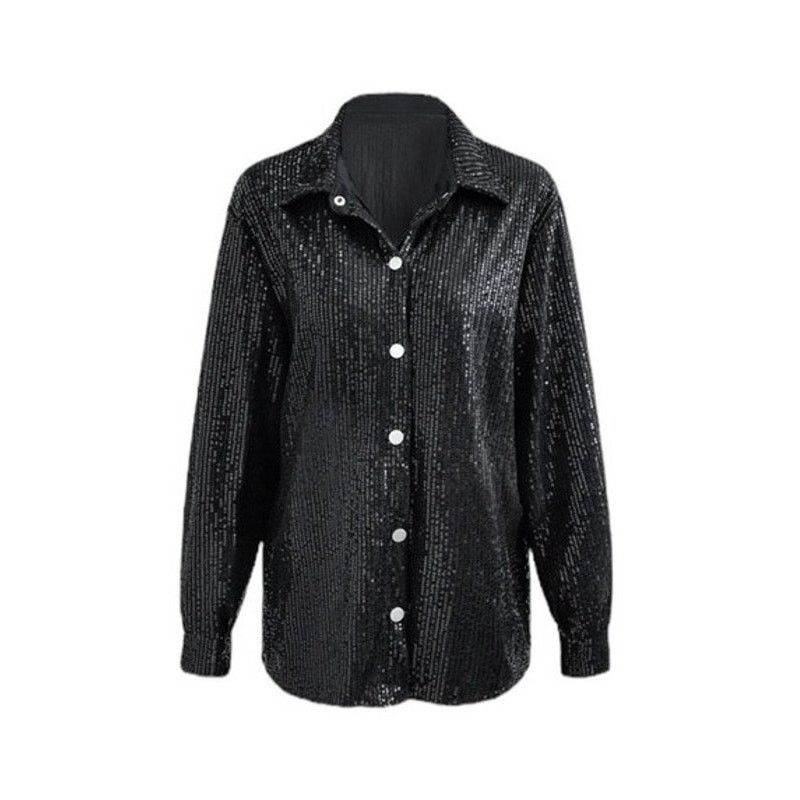 Other Micas Black Long Sleeve Collar Sequin Button Up Party Shirt Size S / US 4 / IT 40 - 1 Thumbnail