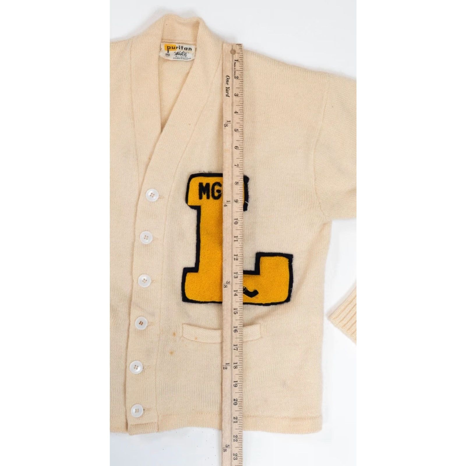 Vintage VINTAGE Puritan True VTG Letterman 60s High School Varsity Wool Cardigan M Ivory Patchwork Knit Wool Crew Neck Long Sleeve Size M / US 6-8 / IT 42-44 - 6 Thumbnail