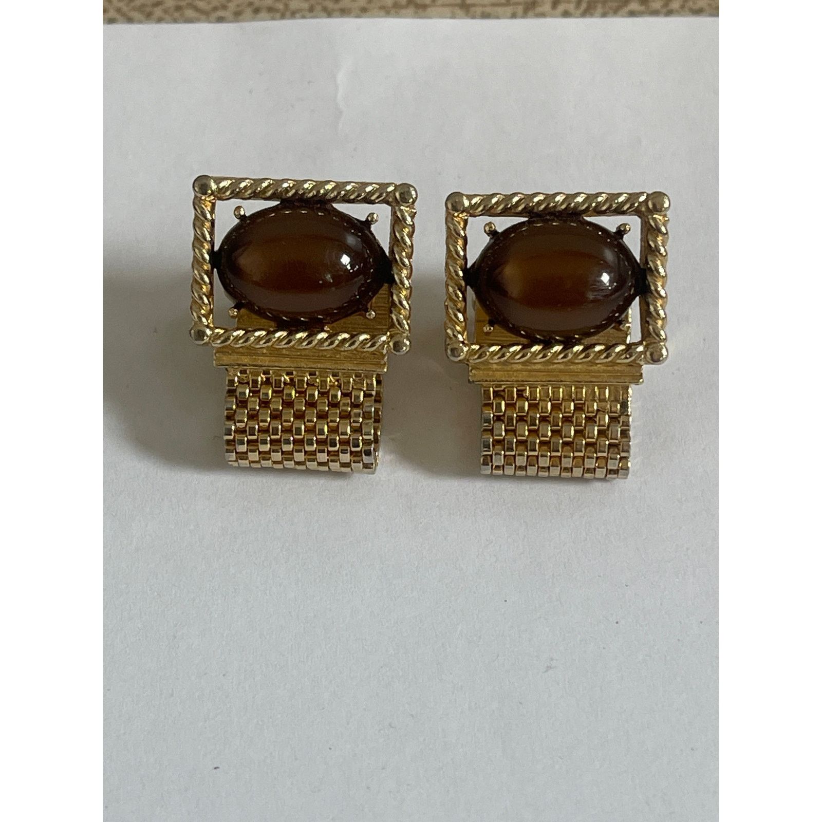 Jewelry x Vintage Swank Vintage Brown Stone Cufflinks W/ Mesh Chain in Gold, Men's