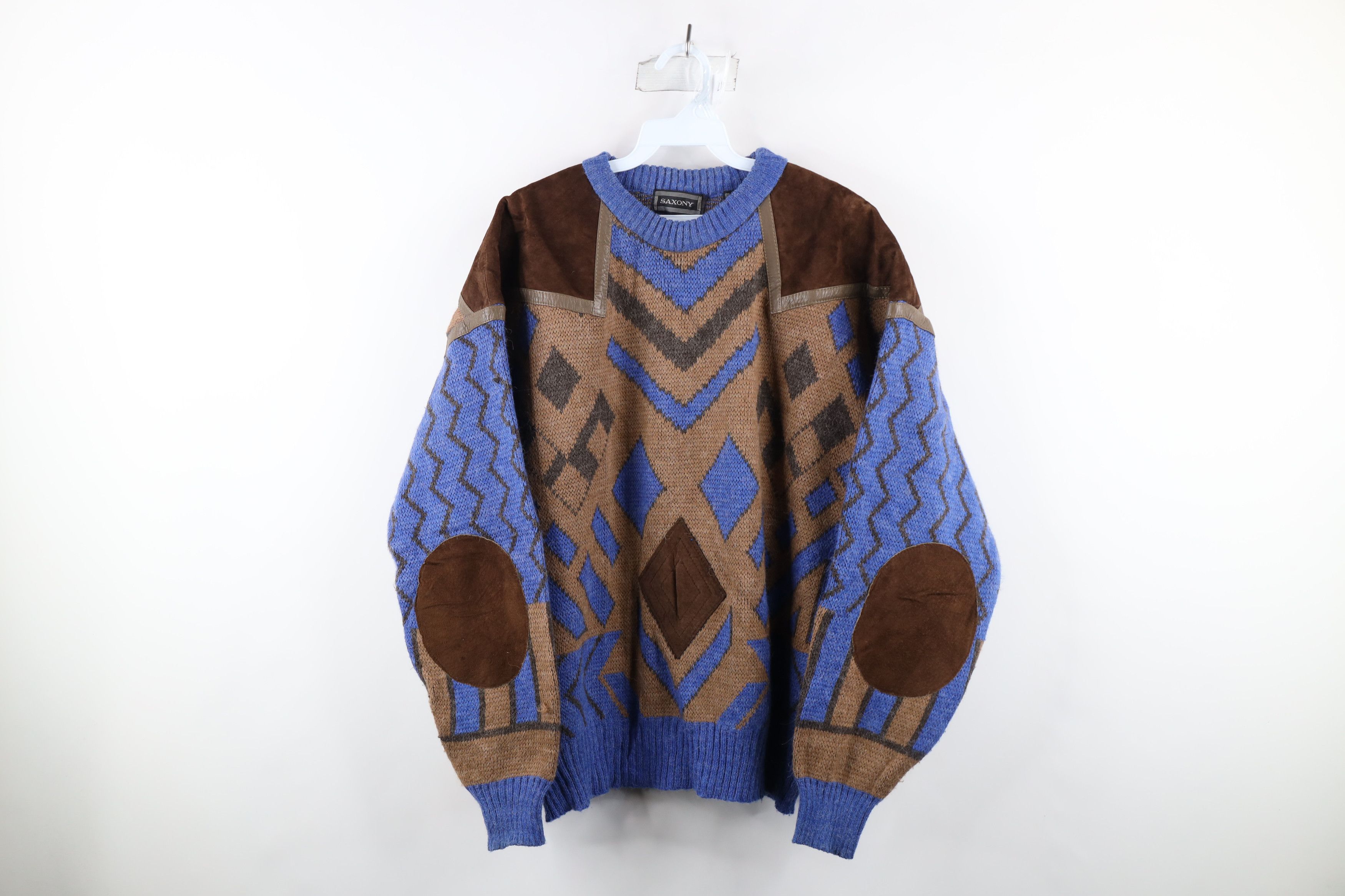 image of Vintage 90's Coogi Style Diamond Suede Leather Knit Sweater, Men's (Size Large)