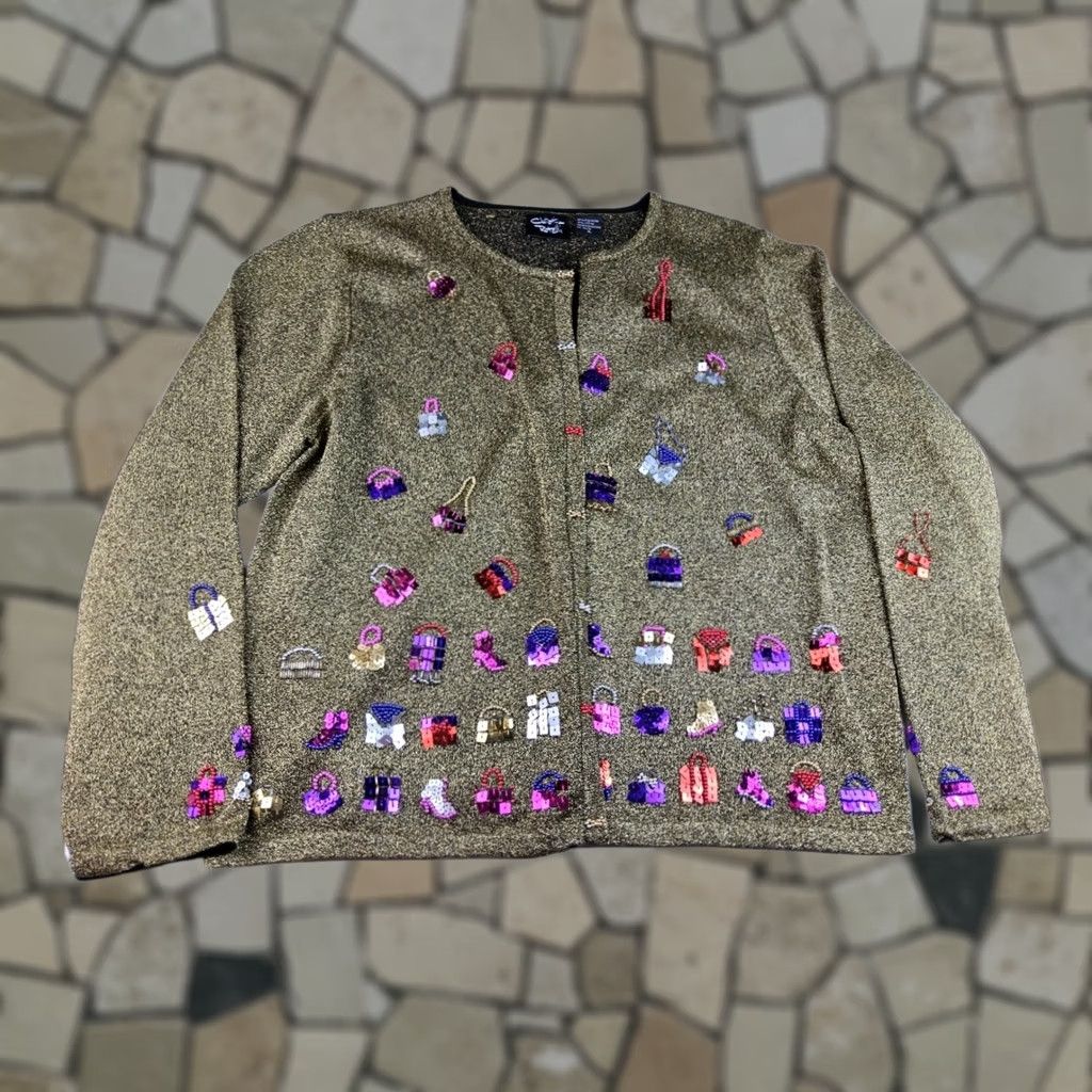 Vintage VINTAGE Christina Rotelli Cardigan XL Gold Metallic Beaded Sequins Purses Shoes Womens Size XL / US 12-14 / IT 48-50 - 1 Thumbnail