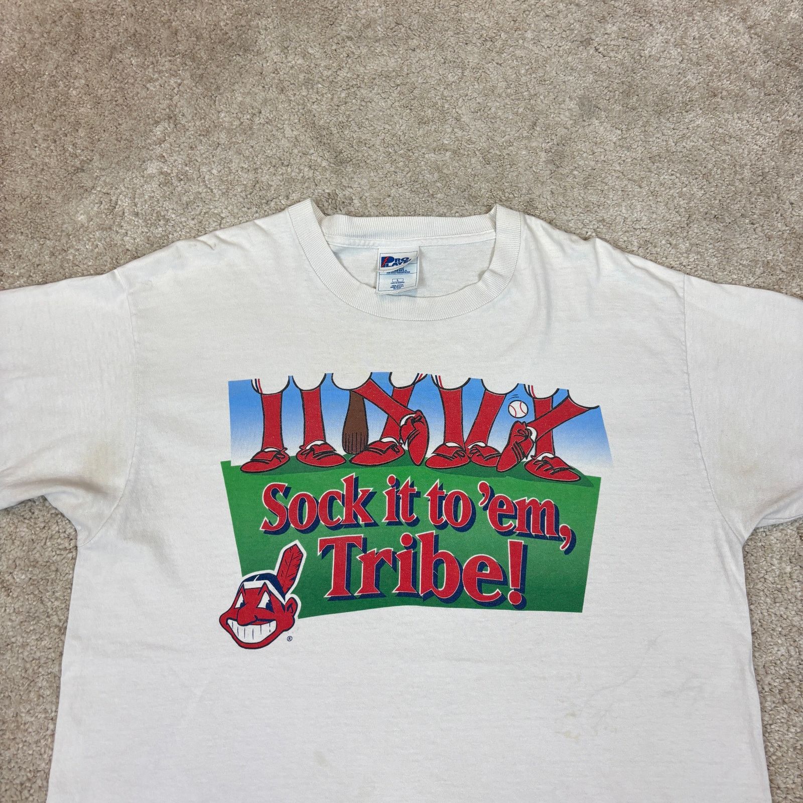 MLB × Pro Player × Vintage VTG 90s Cleveland Indians Sock It To Em Tribe Shirt Large Size US L / EU 52-54 / 3 - 2 Thumbnail