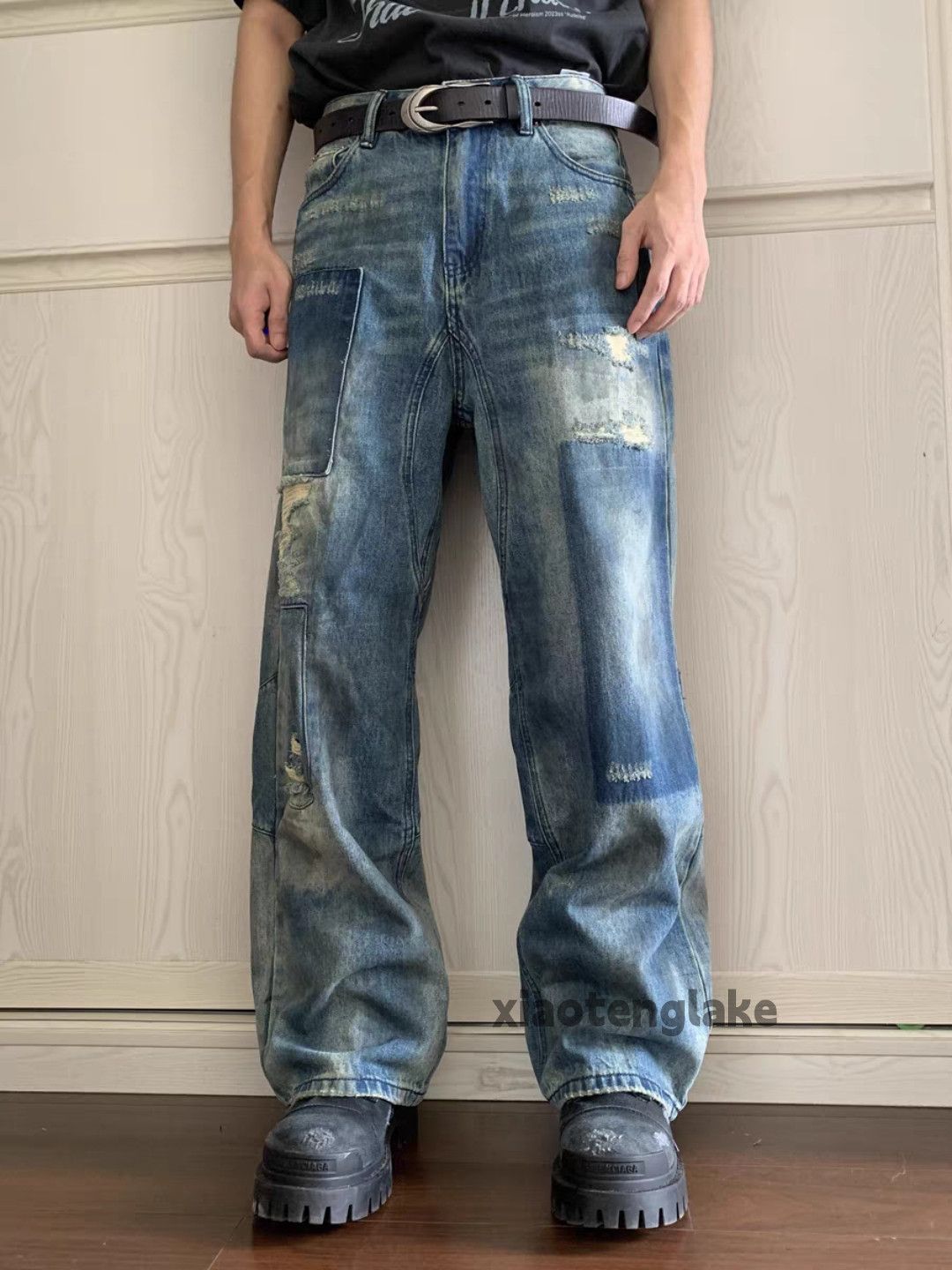Jean × Vintage washed faded loose baggy damaged stain patch jeans Size US 33 - 5 Thumbnail