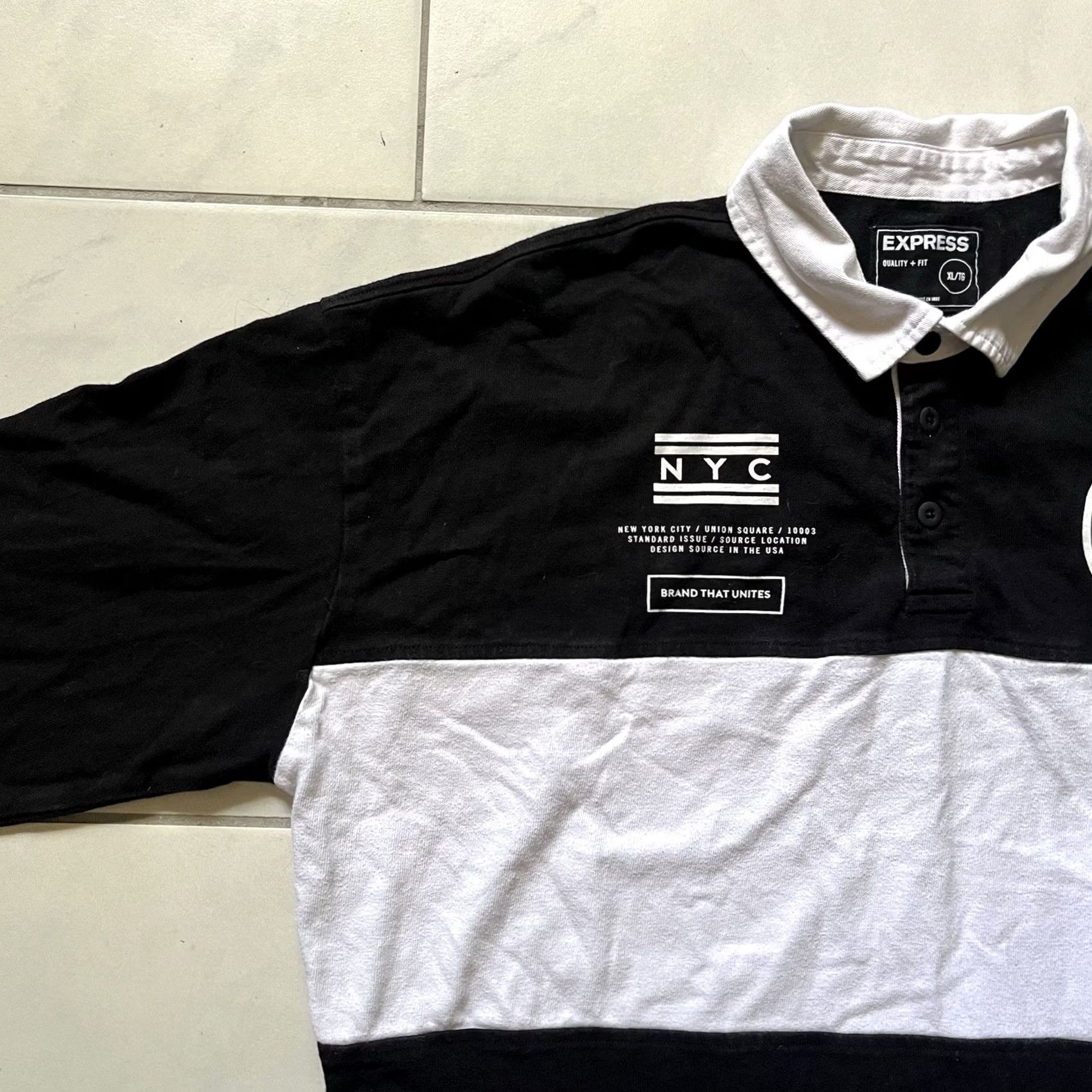 Express VINTAGE Express Polo Shirt XL Black White Mens Embroidered Cotton Sailor Rugby Size US XL / EU 56 / 4 - 7 Thumbnail