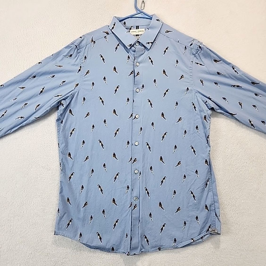 Vintage Crosby & Howard Stretch Light Blue Mens L Button-Down Shirt Bird Parrot Dress LS Slim Cotton Woven Casual Wear Size 42R - 4 Thumbnail