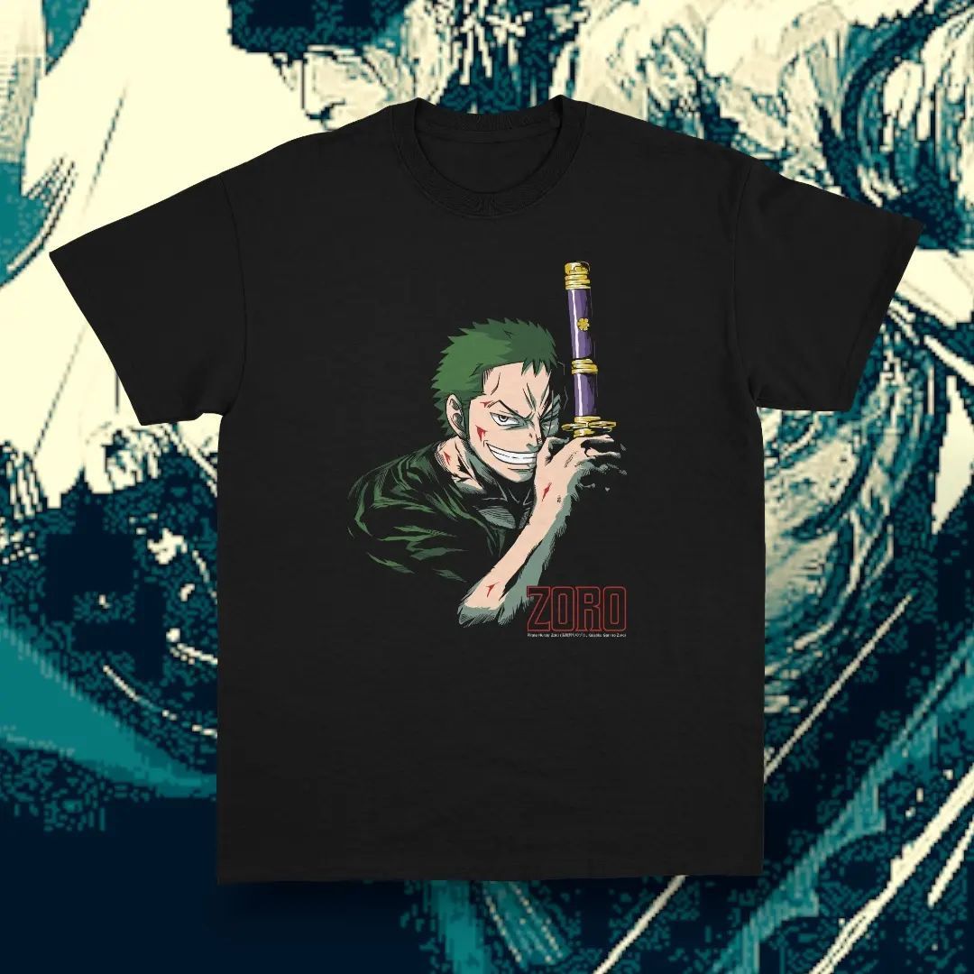 image of Anima x One Piece Roronoa Zoro Anime Bootleg Tshirt in Black, Men's (Size XL)