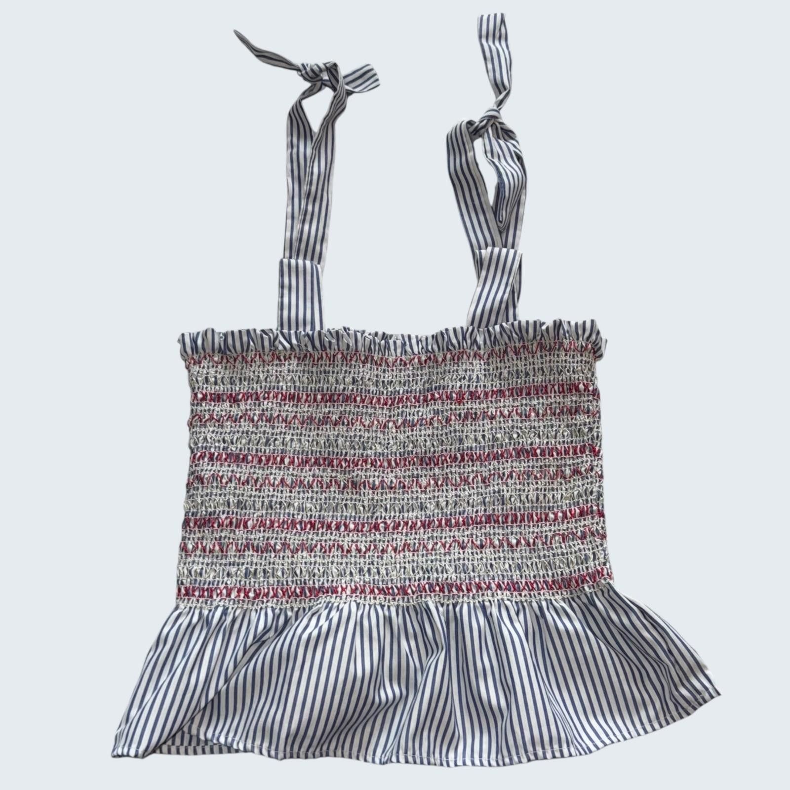 Other Style House Womens Blue White Striped Smocked Peplum Tie L Size L / US 10 / IT 46 - 2 Thumbnail