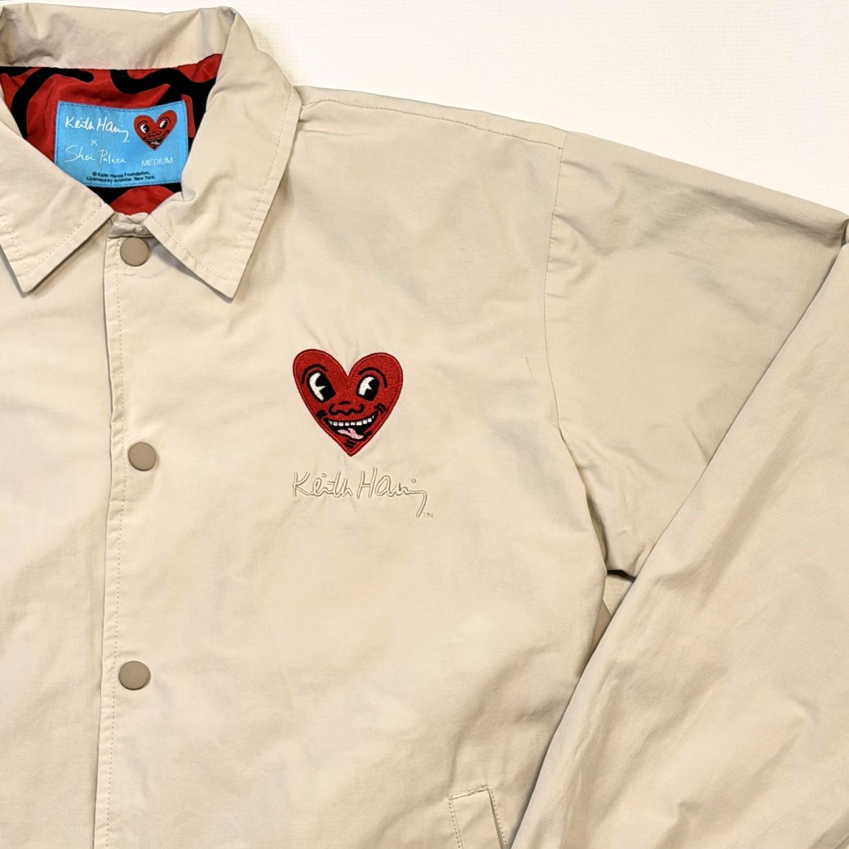 Palace Keith Haring x Shoe Palace Coach Jacket Mens M Beige Snap Lined Heart Logo Embroidered Size US M / EU 48-50 / 2 - 2 Thumbnail