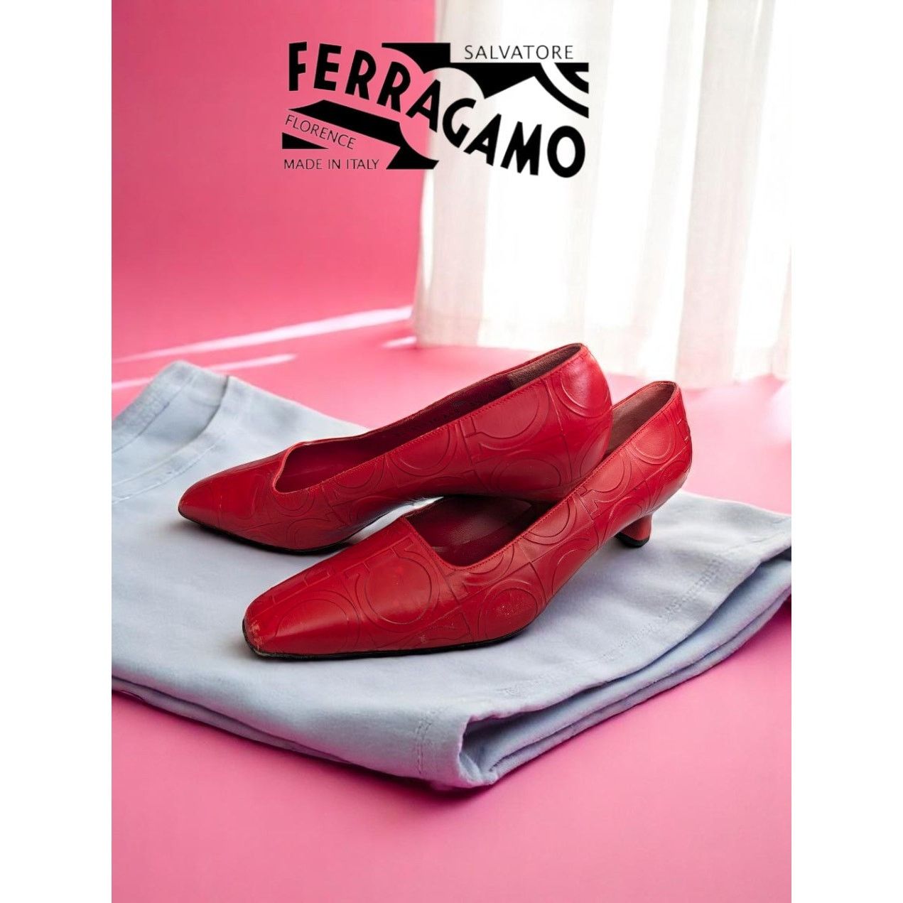 Salvatore Ferragamo Salvatore Ferragamo Red Leather Embossed Heels Size 7W EUC Size US 7 / IT 37 - 3 Thumbnail