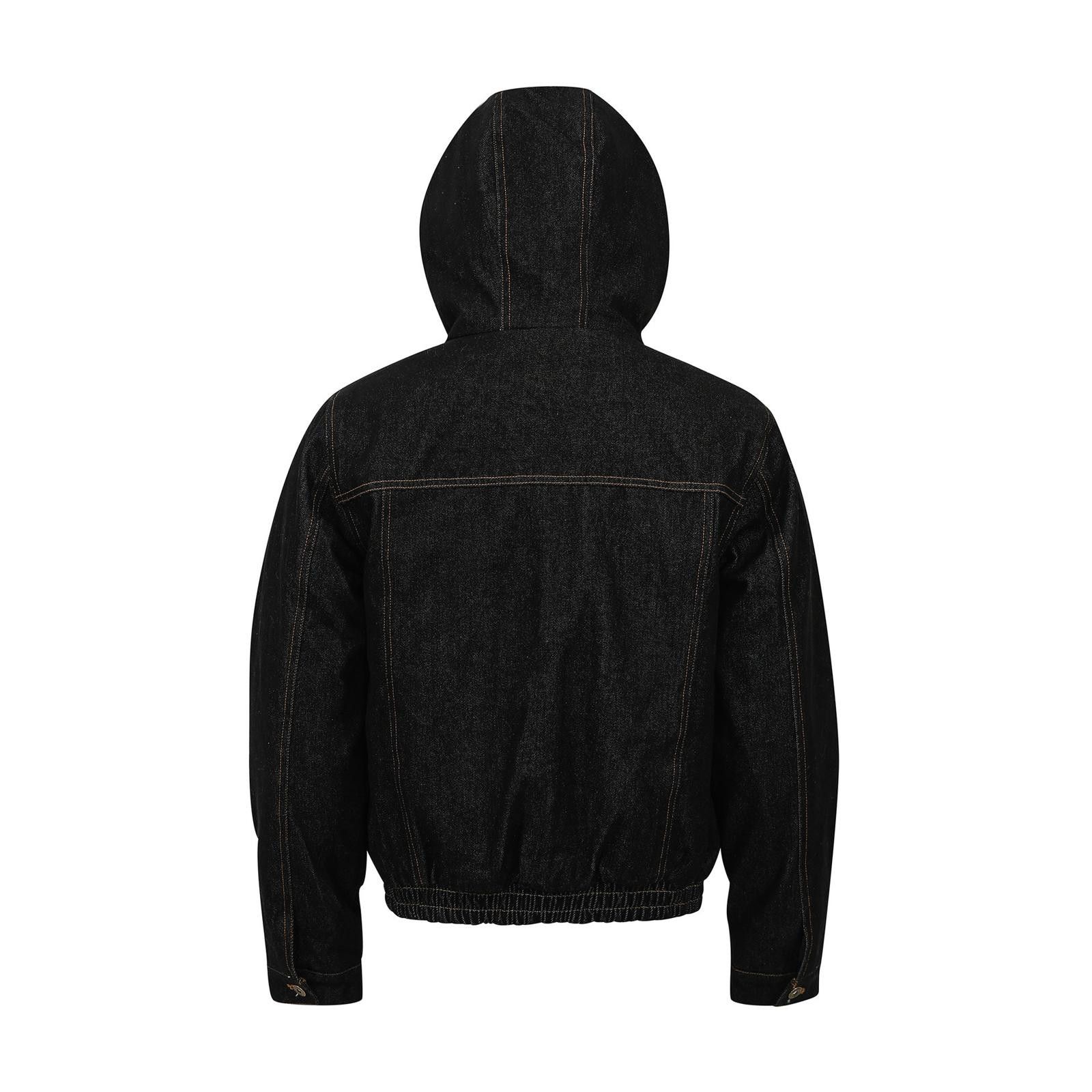 Fur-Lined Hooded Fireman Clasp Denim Bomber Jacket