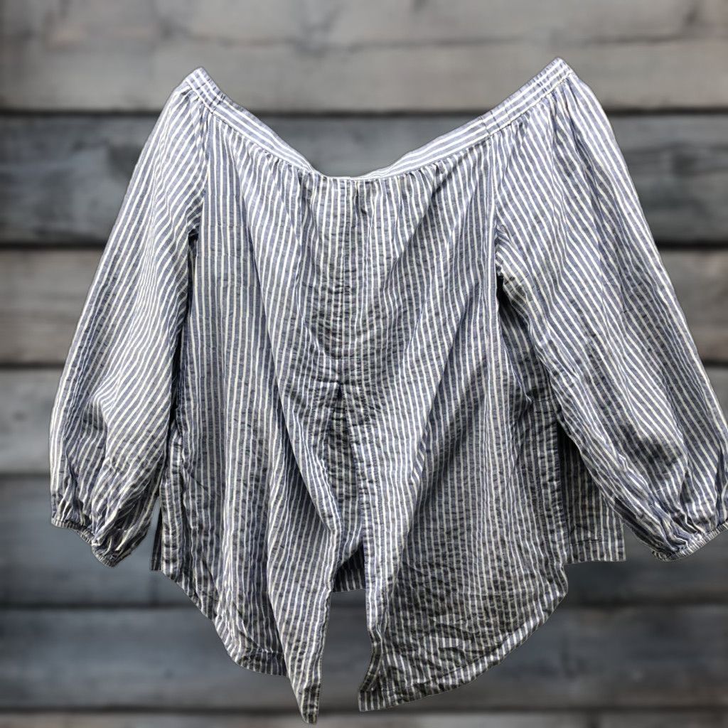 Bcbgmaxazria BCBGMAXAZRIA Blouse Off Shoulder Womens L Blue White Striped 3/4 Sleeve Split Back Bohemian Lightweight Shirt Regular Womens Size L / US 10 / IT 46 - 1 Thumbnail