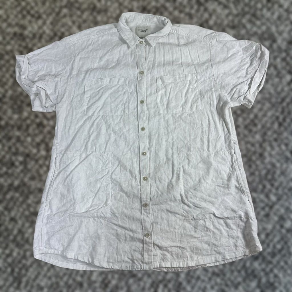 Abercrombie & Fitch VINTAGE Abercrombie & Fitch Linen Blend Button-Up Blouse Short Sleeve Pockets White Womens Size LP L Size L / US 10 / IT 46 - 1 Thumbnail