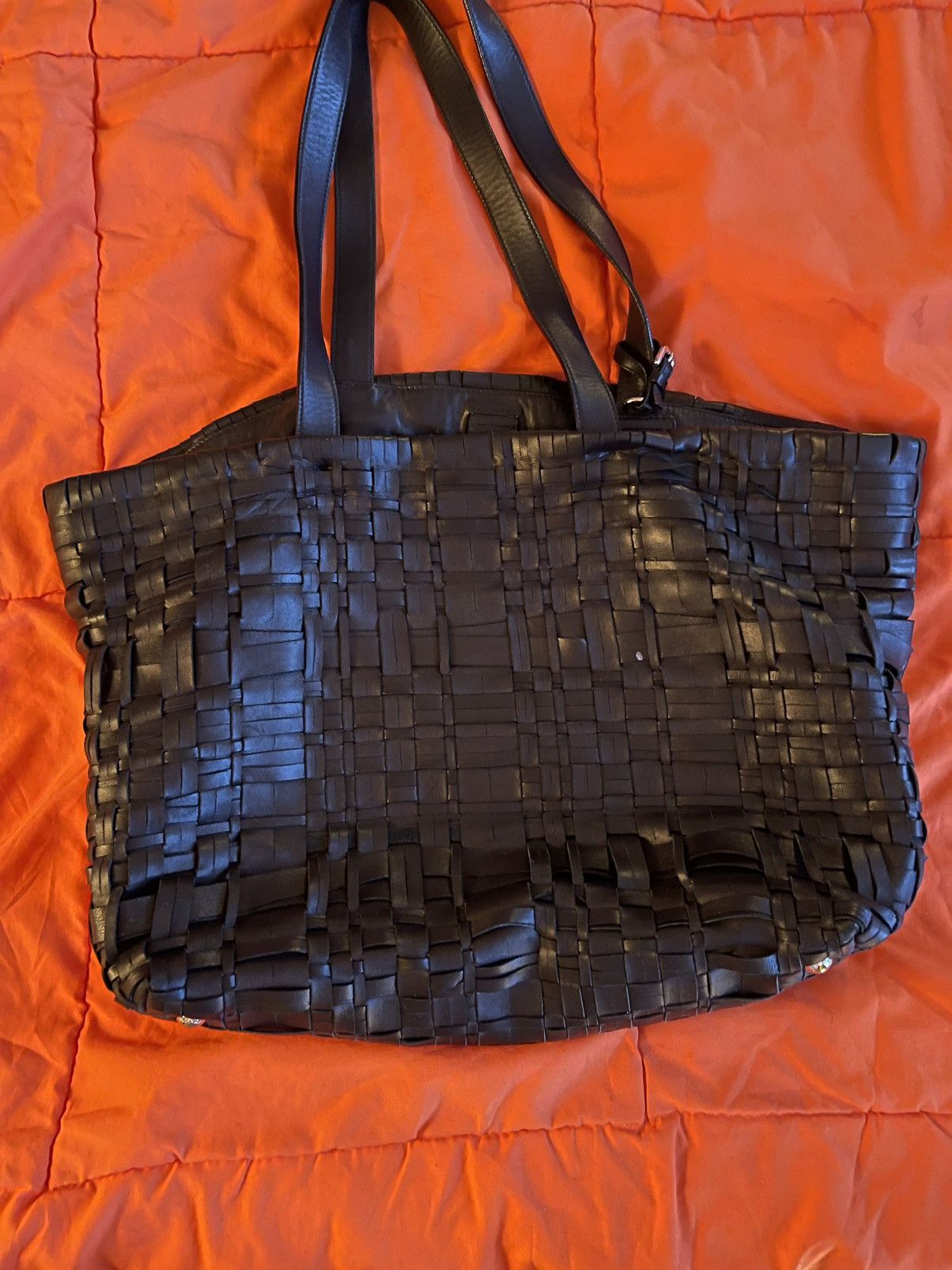 image of Prada Black Woven Leather Shopper Tote, Women's