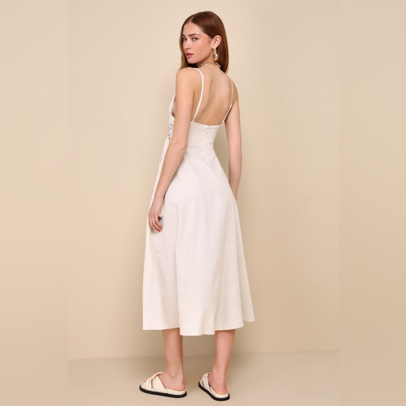 For Love & Lemons Lulus Endlessly Breezy Linen Smocked Lace-Up Midi Dress-#096 Size M / US 6-8 / IT 42-44 - 3 Thumbnail