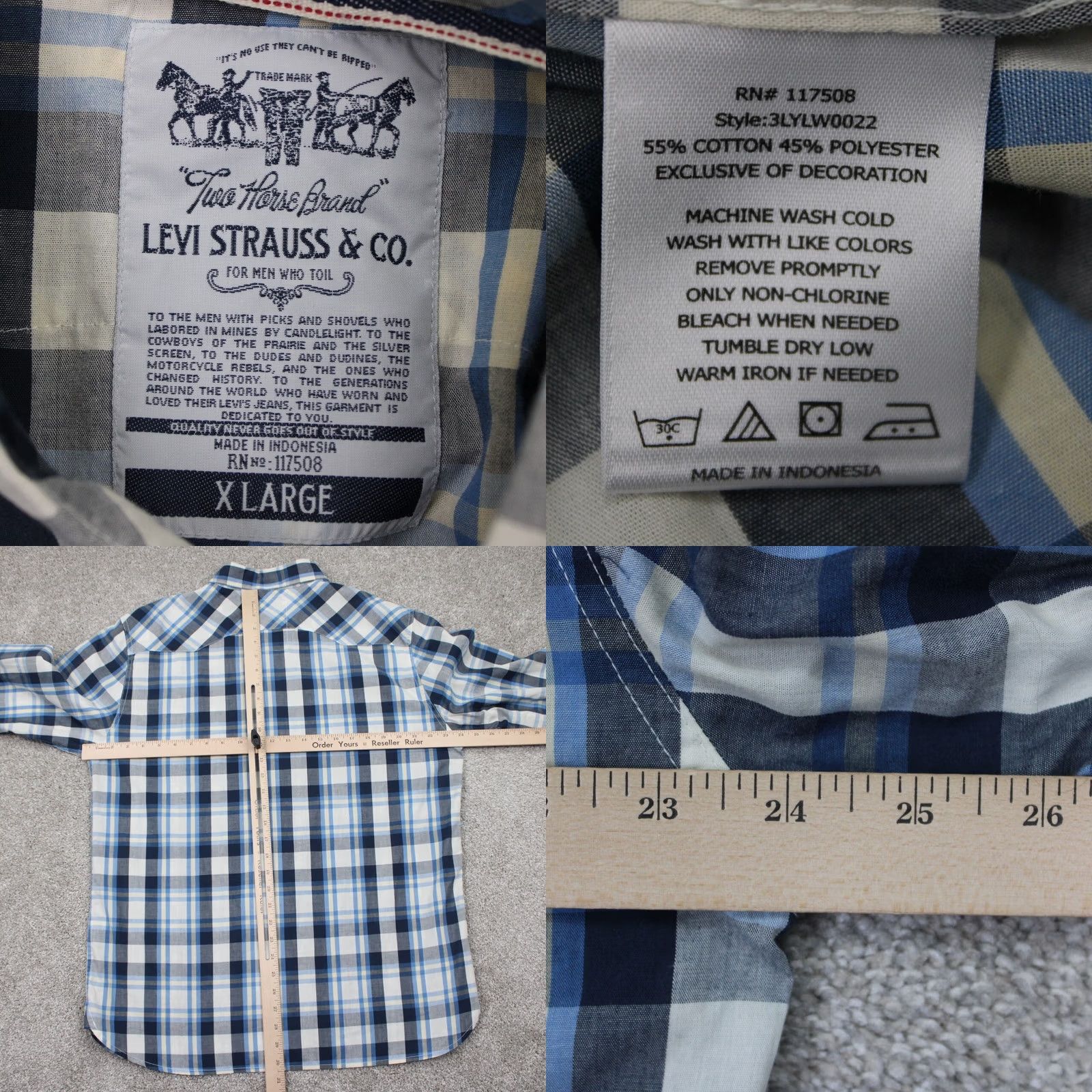 Levi's Levi's Pearl Snap Shirt Mens XL Blue/White/Yellow Plaid Western L/S Cowboy Size US XL / EU 56 / 4 - 8 Thumbnail
