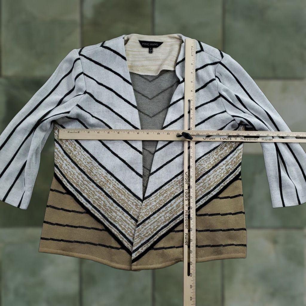 Vintage Ming Wang Cardigan Sweater Womens Large White Stripe Open Front Knit 3/4 Sleeve Size L / US 10 / IT 46 - 1 Thumbnail