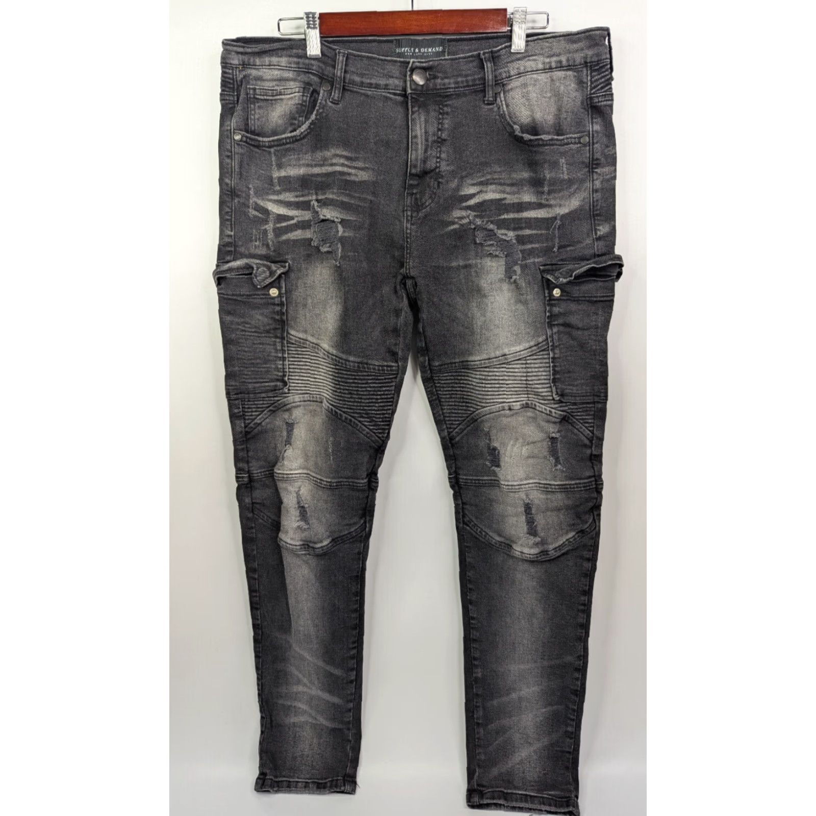 Supply & Demand Supply & Demand Jeans Cargo Mens Black Denim Moto Distressed Stretch 2XL 38W Size US 39 - 2 Thumbnail