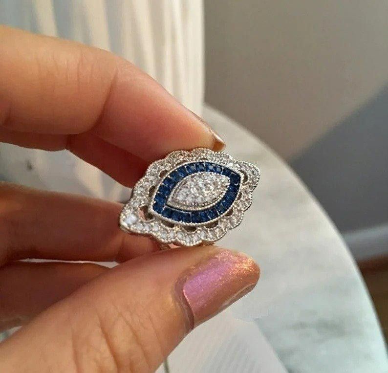 Designer Vintage 2.35CT White & Blue Sapphire Art Deco Ring - Size 7 Size ONE SIZE - 8 Thumbnail