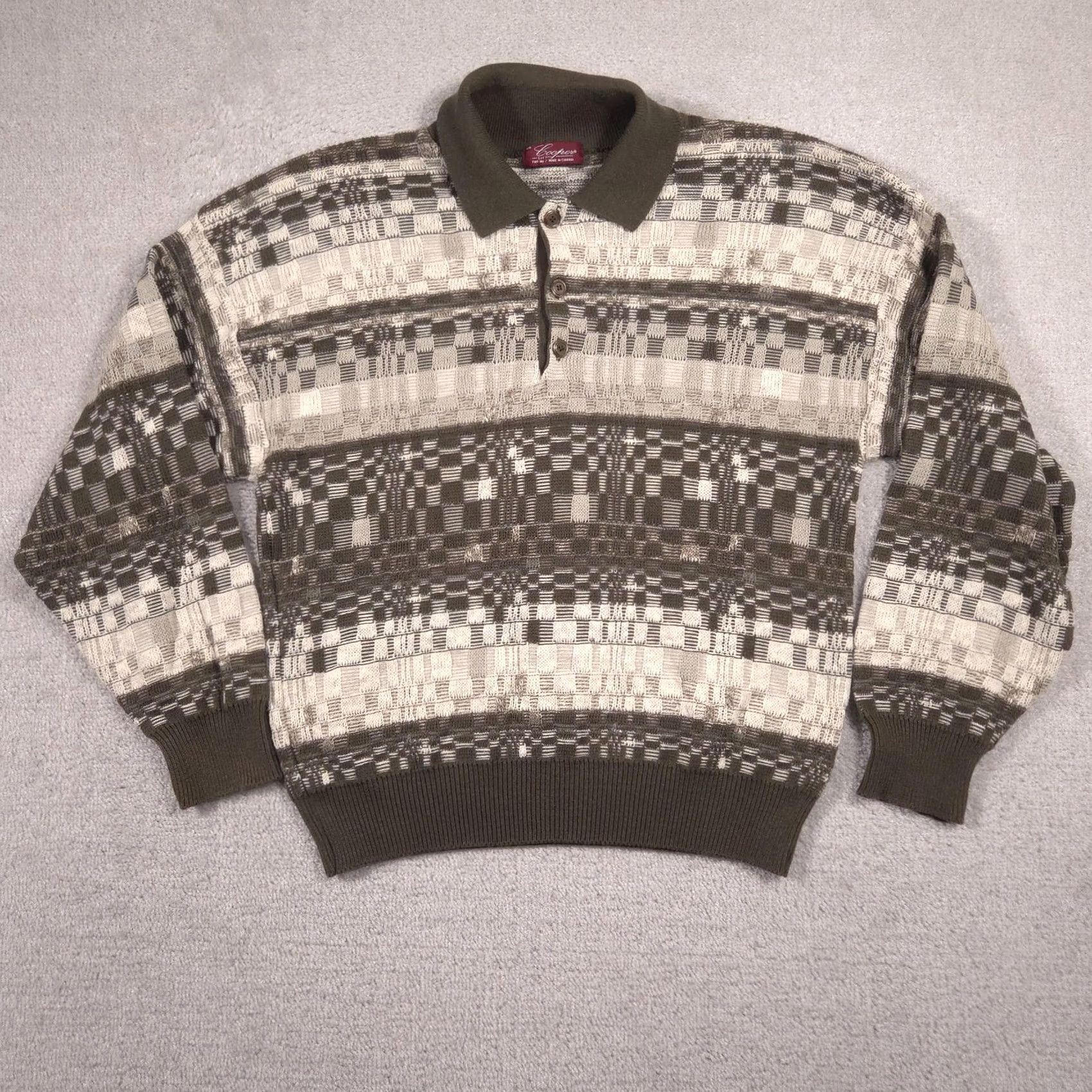 Vintage Cooper Mens Medium Green Geometric Polo Collar Henley Knit Pullover Sweater Size US M / EU 48-50 / 2 - 2 Thumbnail