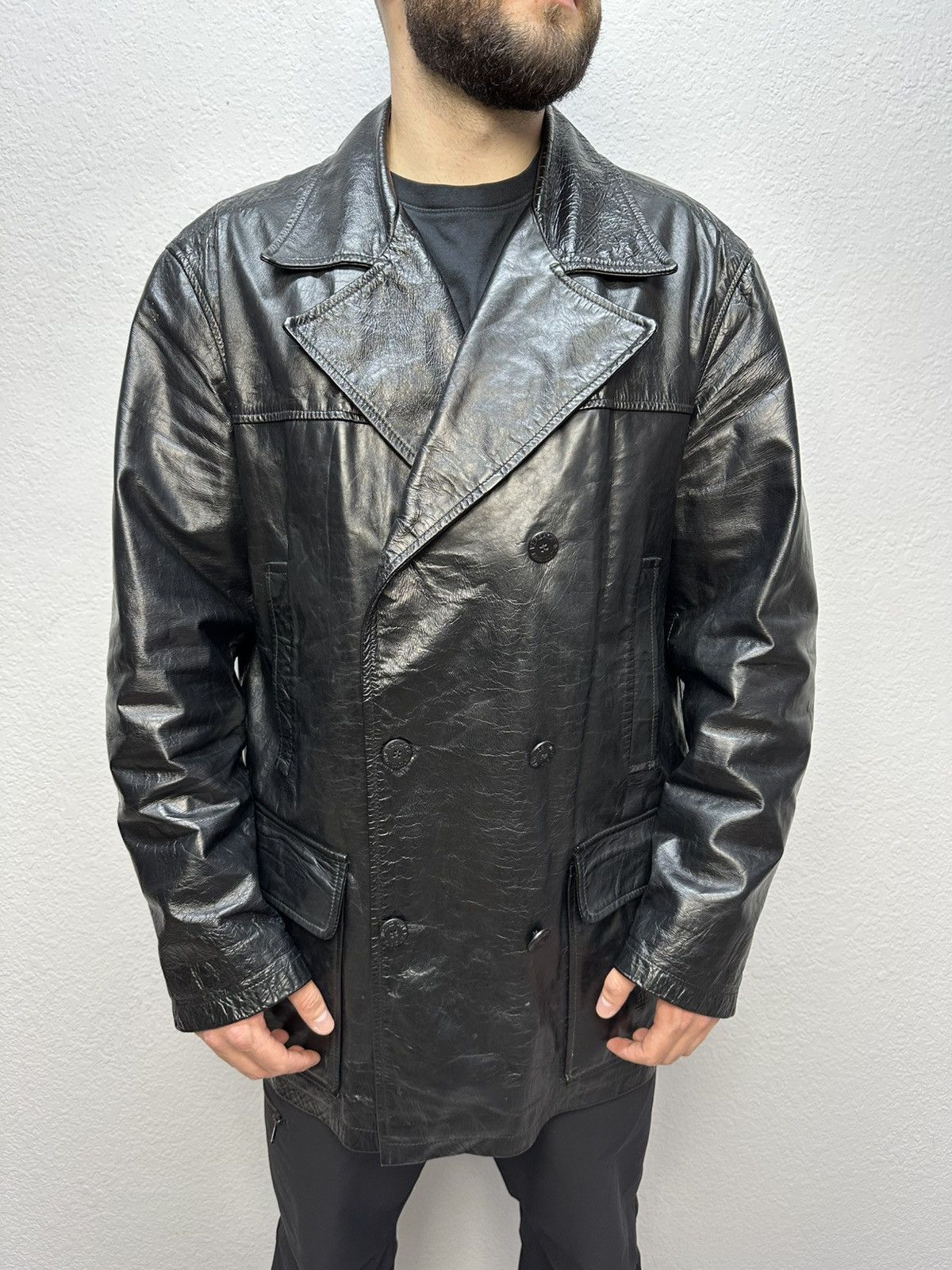 Versace Archival Double Breasted Leather Coat Jacket