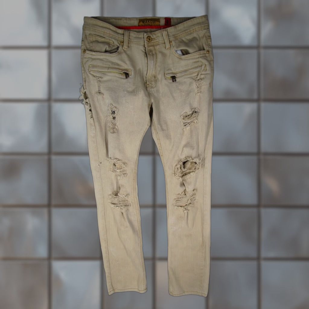 Denime Makobi Jeans Mens 34 Beige Slim Fit Rochester Shredded Coded Denim 34x32 Slim Jeans Beige 34W x 32L Men Hip Hop Retro Modern 34 Mens Size US 34 / EU 50 - 1 Thumbnail
