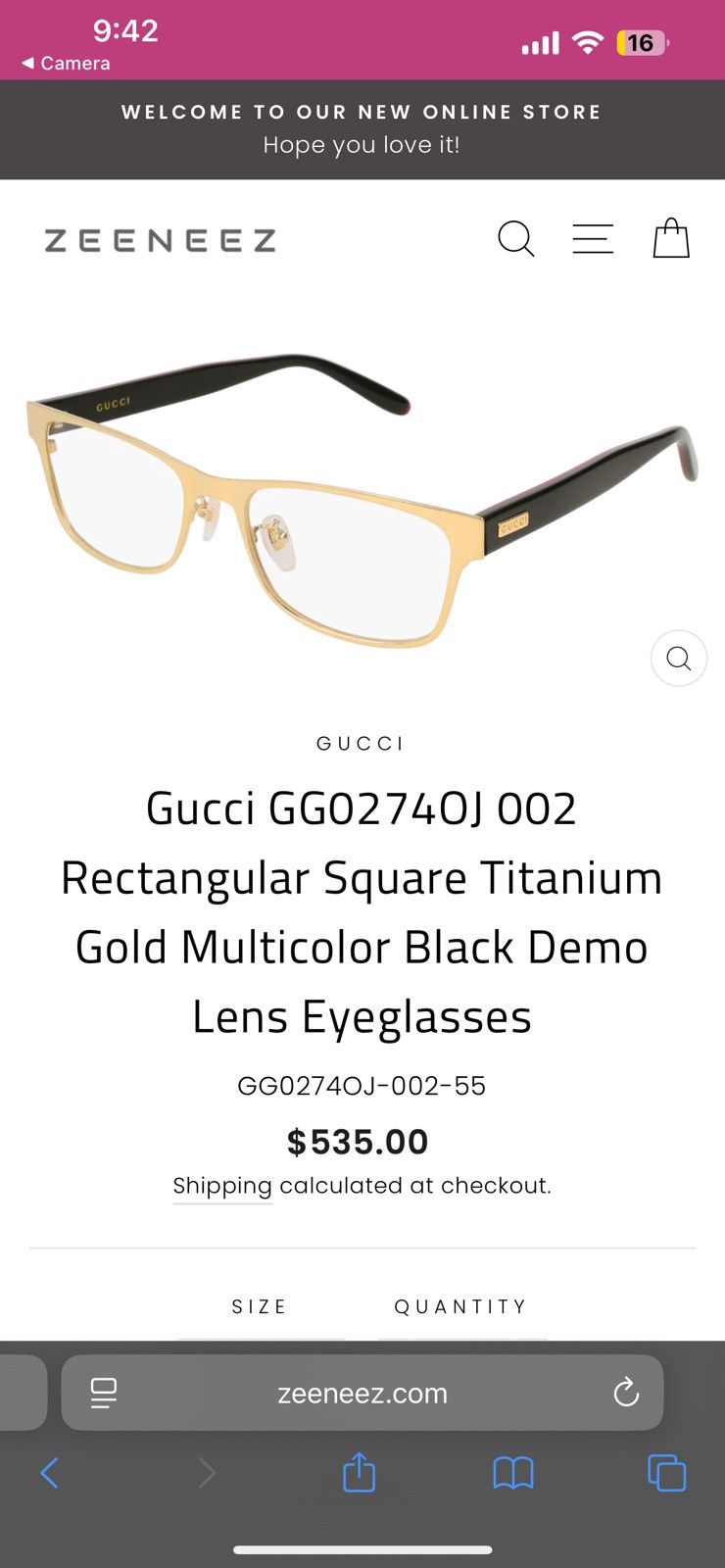 Gucci Gucci GG0274OJ 002 Gold Titanium Rectangular Glasses 55mm Size ONE SIZE - 9 Thumbnail