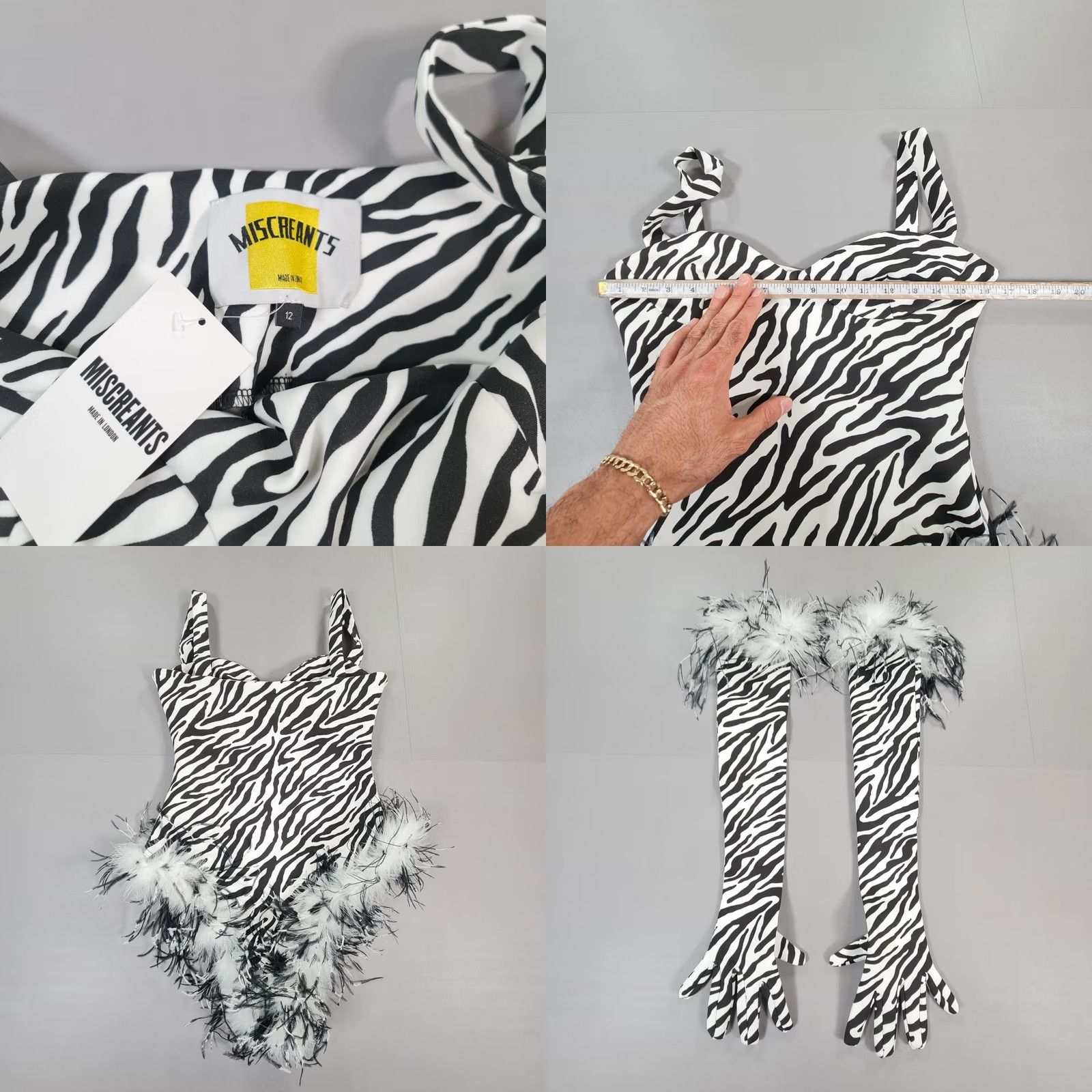 Vintage VINTAGE MISCREANTS Cleo Bodysuit Womens Black White Zebra Print Fur Sleeves Velvet 12 UK Mini Party Womens Size XL / US 12-14 / IT 48-50 - 8 Thumbnail