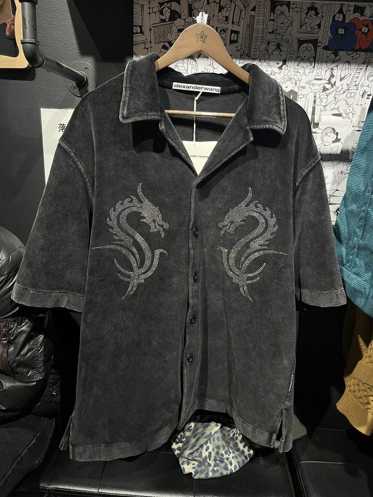 image of Alexander Wang Dragon Hotfix Shirt In Velour in Grey, Men's (Size Medium)