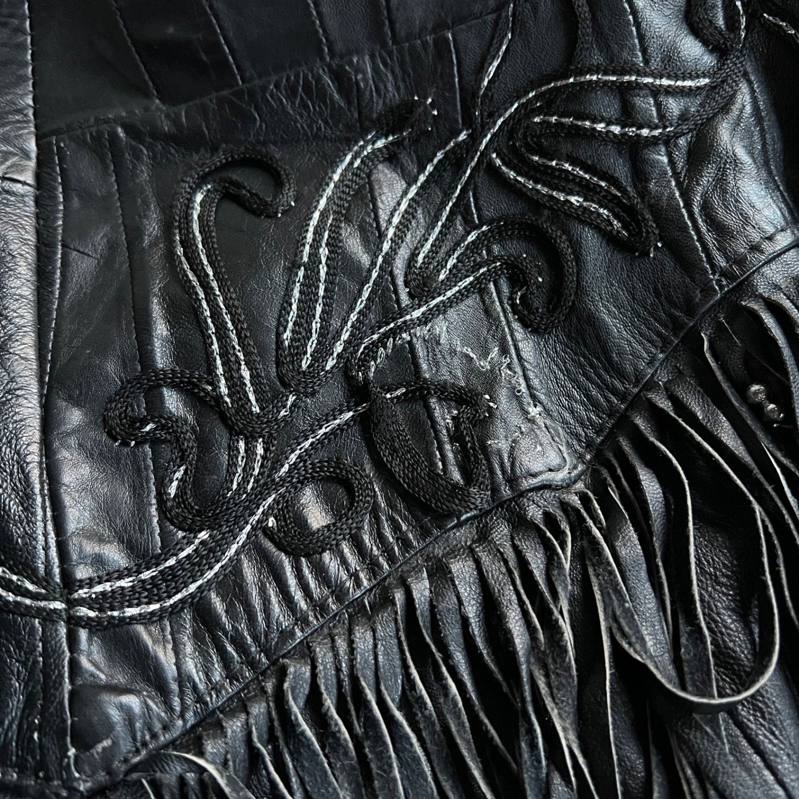 Leather Vintage Leather Fringe Western Biker Patchwork Jacket 9723AC Size S / US 4 / IT 40 - 11 Thumbnail