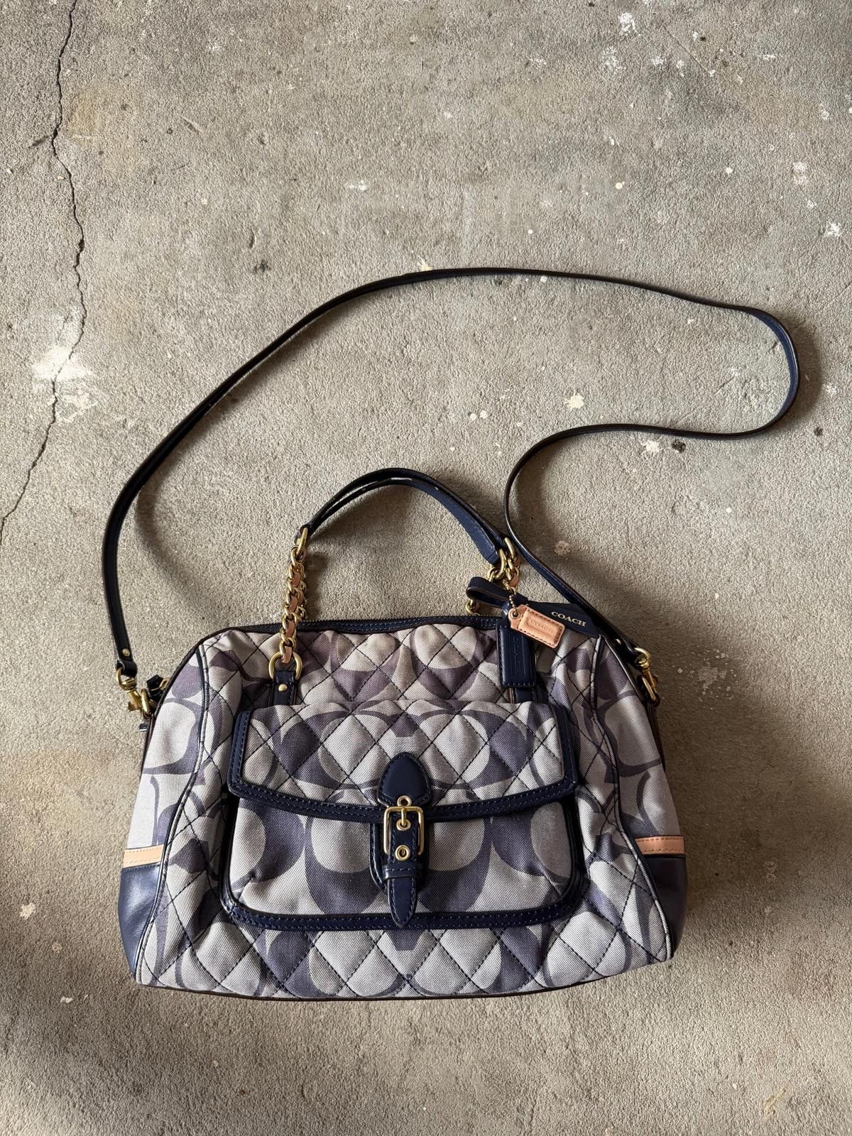 Coach 2Way Signature Poppy Quilted Shoulder Bag Grey/Navy