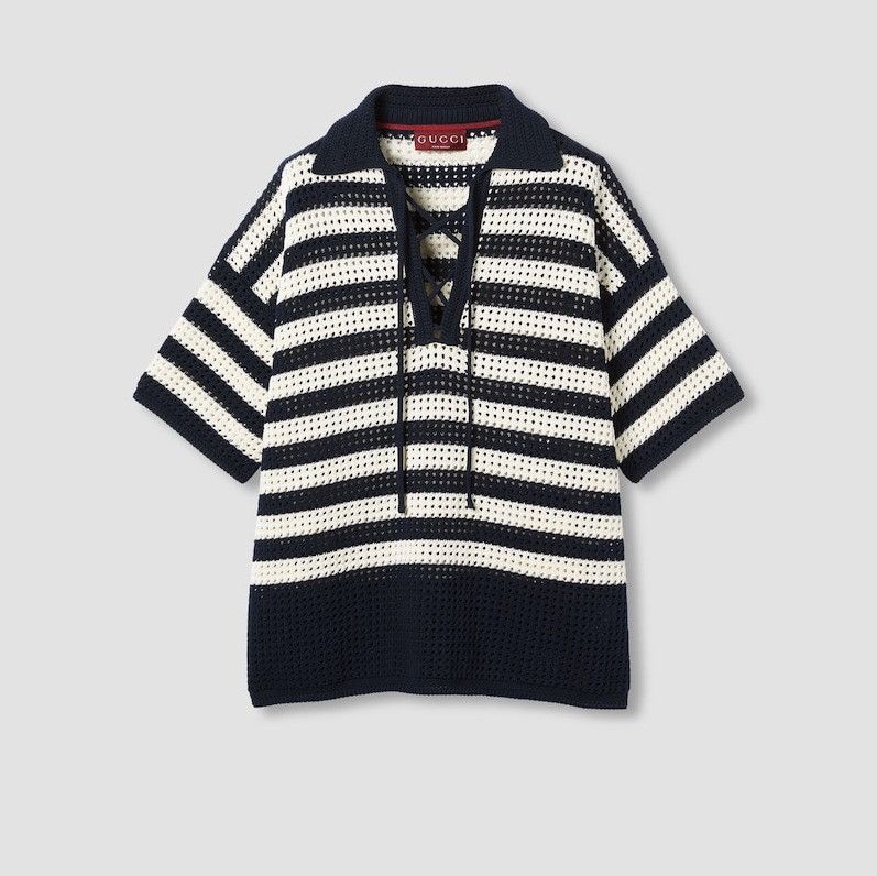 Gucci o1la5ras0426 Striped Cotton Knit Polo Shirt in White/Dark Size US L / EU 52-54 / 3 - 1 Thumbnail