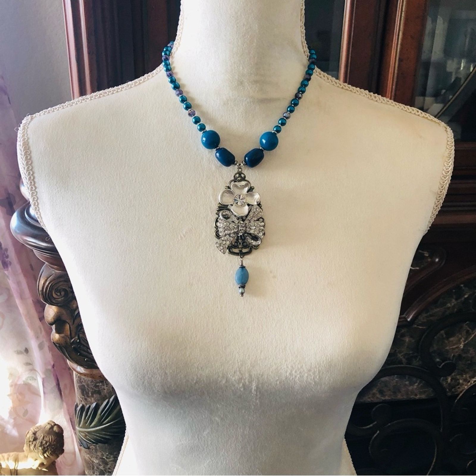 Handmade Handcrafted repurpose filigree stone Pearl necklace Size ONE SIZE - 5 Thumbnail