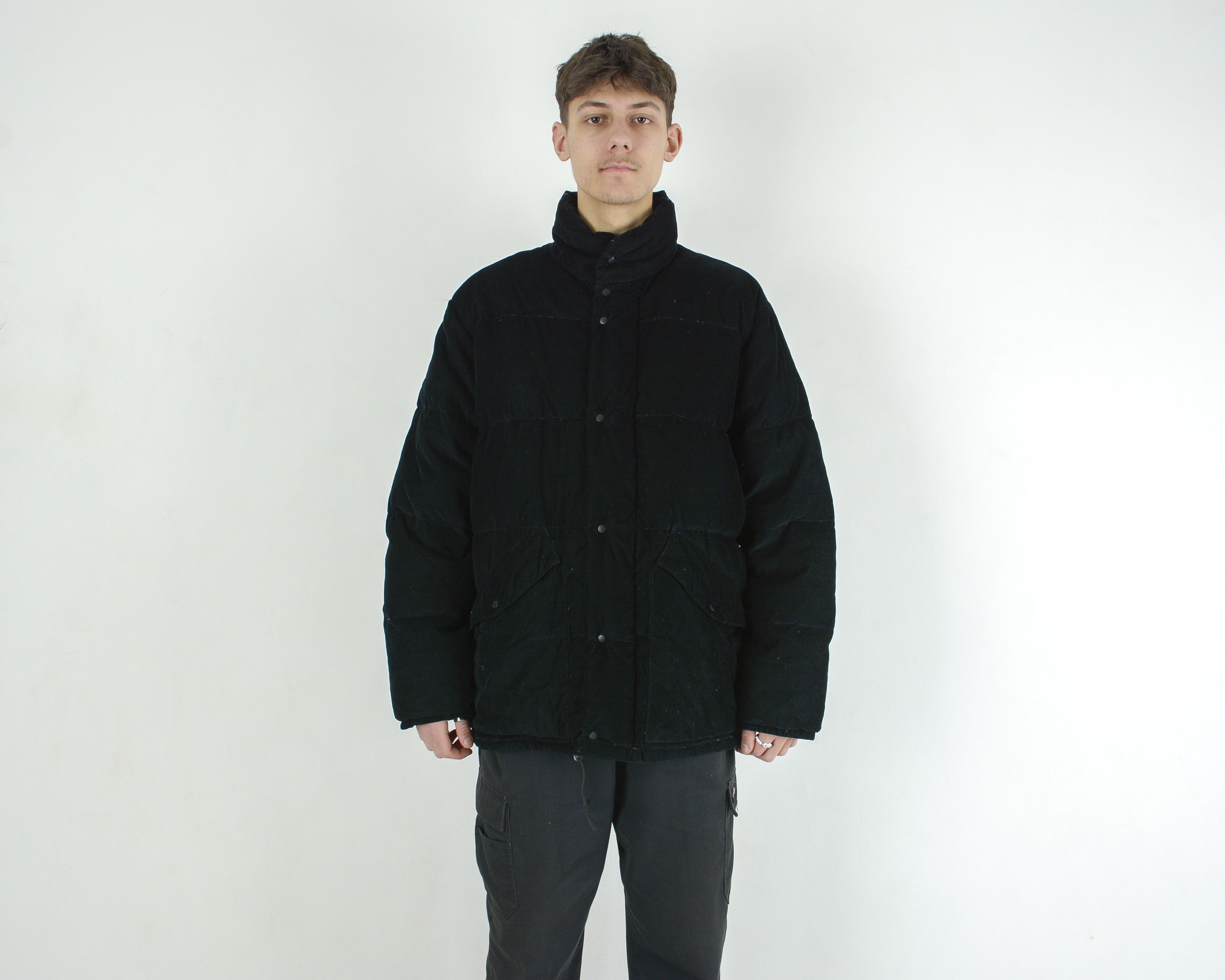 image of Vintage XL Down Corduroy Padded Puffer Jacket Cord Padded Waist Coat in Black, Men's