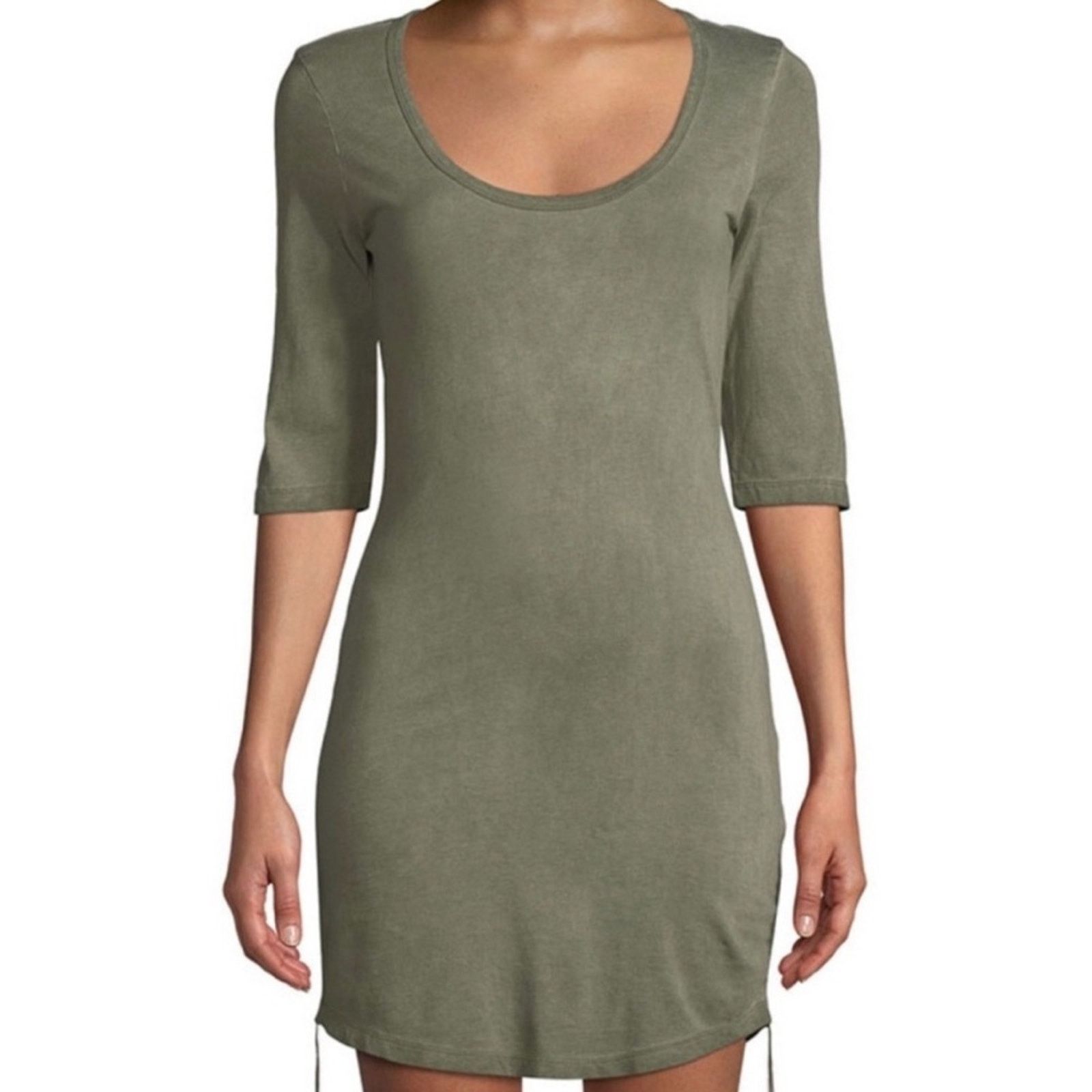 Pam & Gela Pam & Gela Scoop Neck Dress Ruched 1/2 Sleeve Khaki Green SM Size S / US 4 / IT 40 - 1 Thumbnail