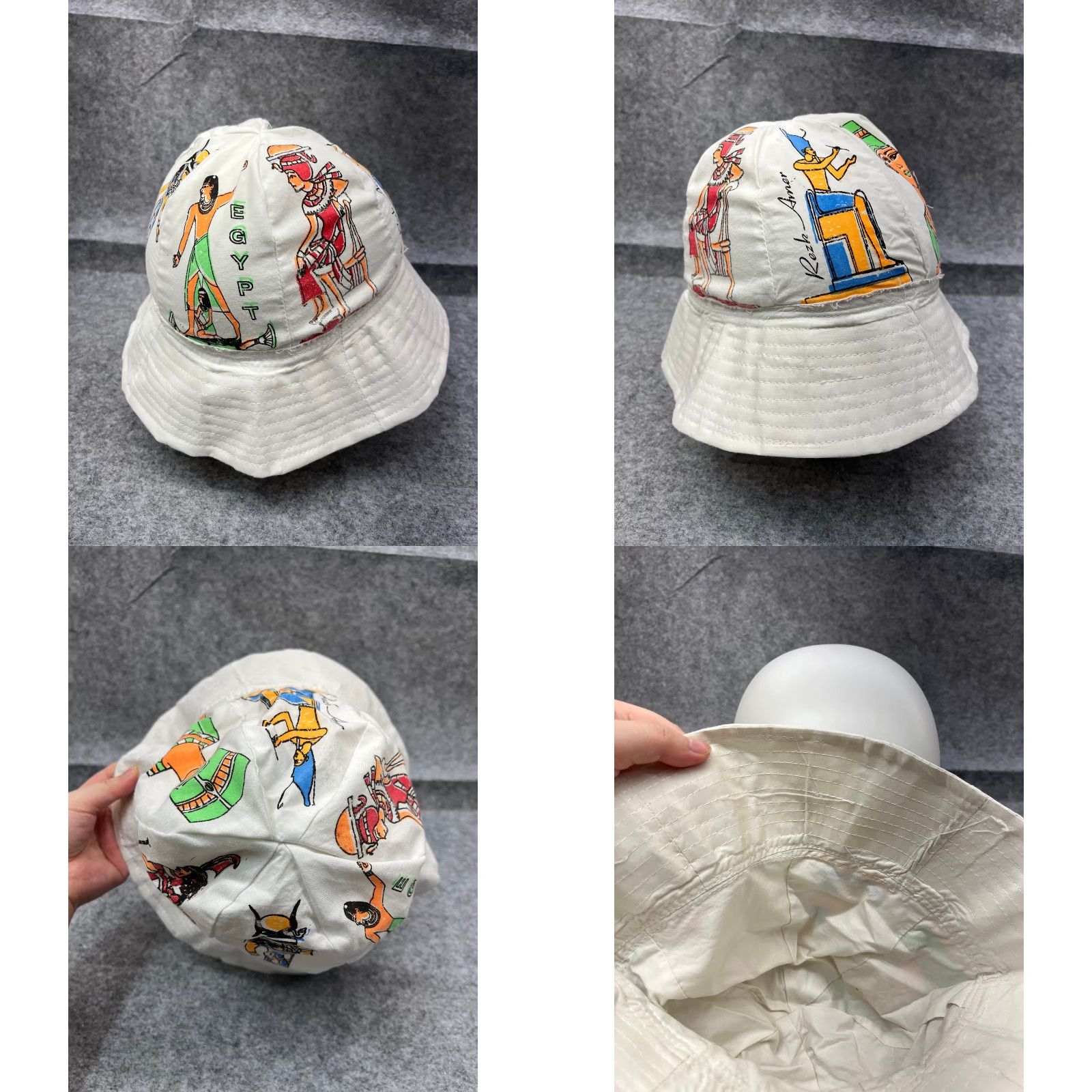 Vintage VINTAGE Egyptian Art Bucket Hat Adult One Size White Cotton Casual Sun Protection Summer Outdoor Mens Size ONE SIZE - 8 Thumbnail