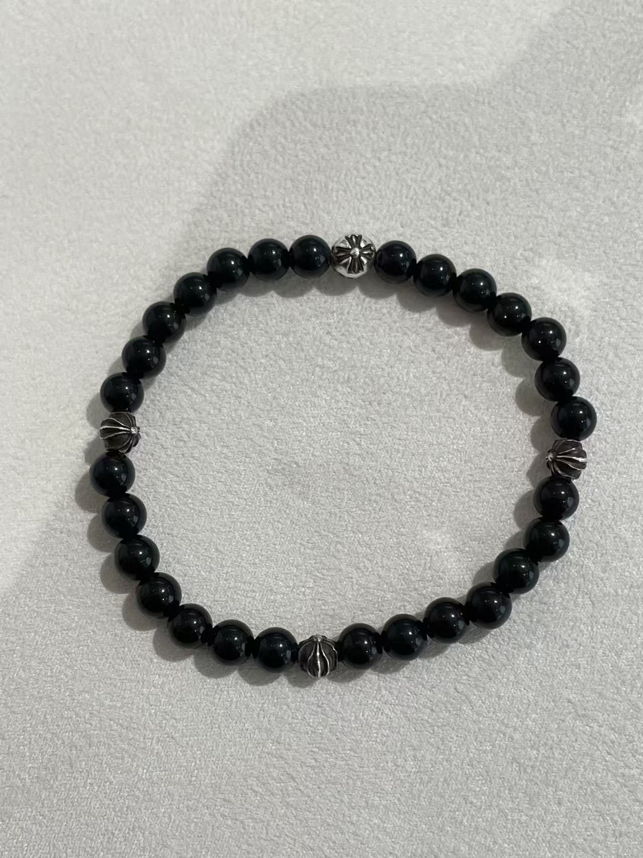 Chrome Hearts Chrome Hearts 6mm Beaded Obsidian Silver Cross Ball Bracelet Size ONE SIZE - 5 Thumbnail