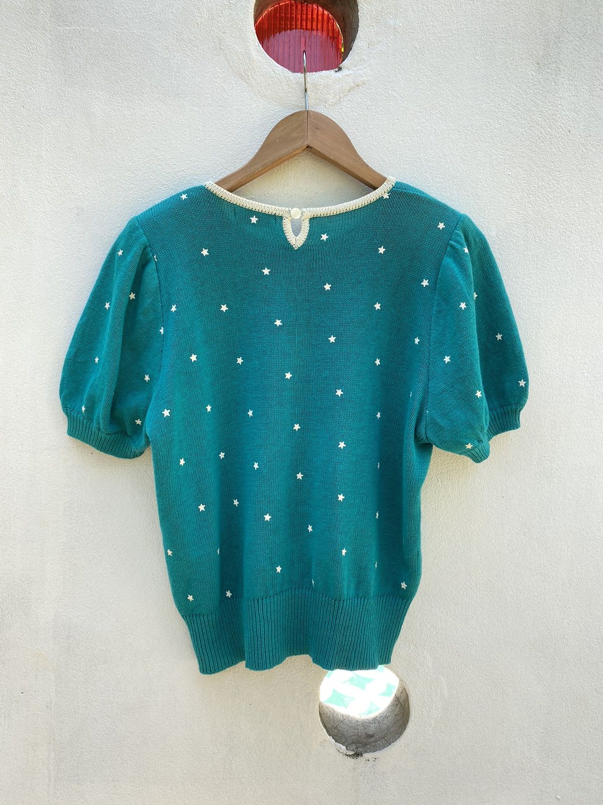 Vintage Paserio Teal Puff Sleeve Knit Top with Star Pattern Size S / US 4 / IT 40 - 21 Thumbnail
