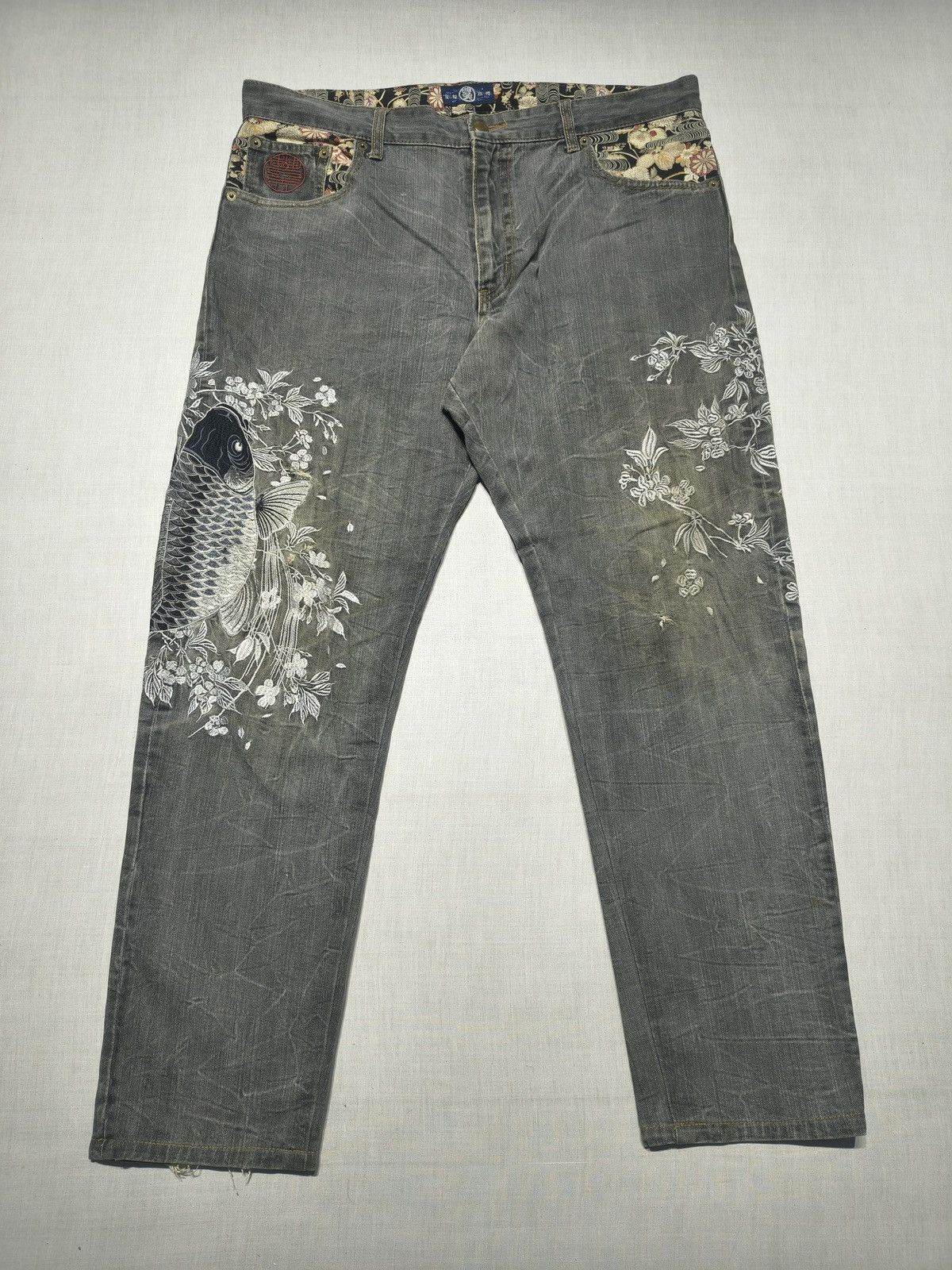 Japanese Brand CRAZY EMBROIDERY ALL OVER LUCKY KOI FISH JEANS 🐟🇯🇵(015) Size US 36 / EU 52 - 3 Thumbnail