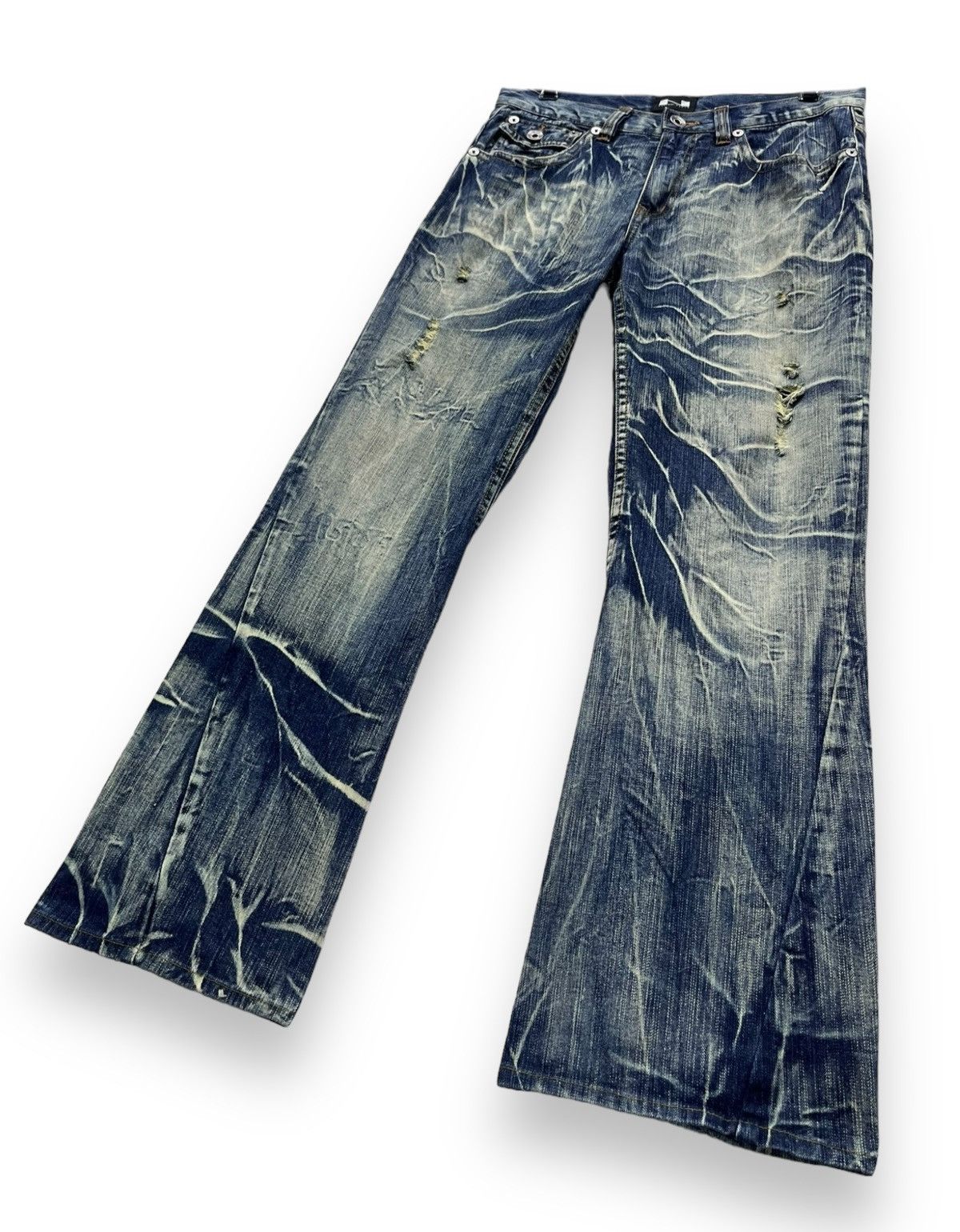 If Six Was Nine NYLAUS Punk Xantho Mud Wash Lightning Whiskered Flare Denim Size US 31 - 3 Thumbnail