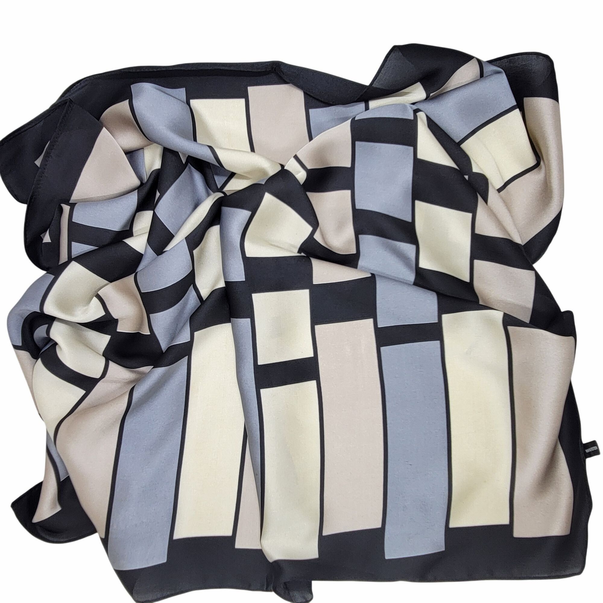 Other ✨Luxury Silky Square Scarf Black Gray Beige Geometric Block Size ONE SIZE - 6 Thumbnail