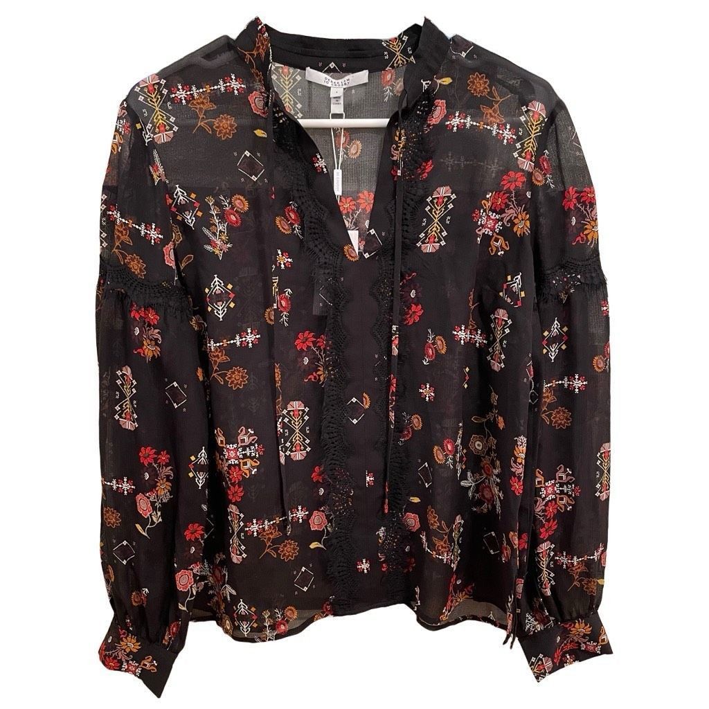 image of Derek Lam 10 Crosby Women Blouse 8 Floral Silk Long Sleeve Cross-Stitch 70's NWT in Black (Size Med