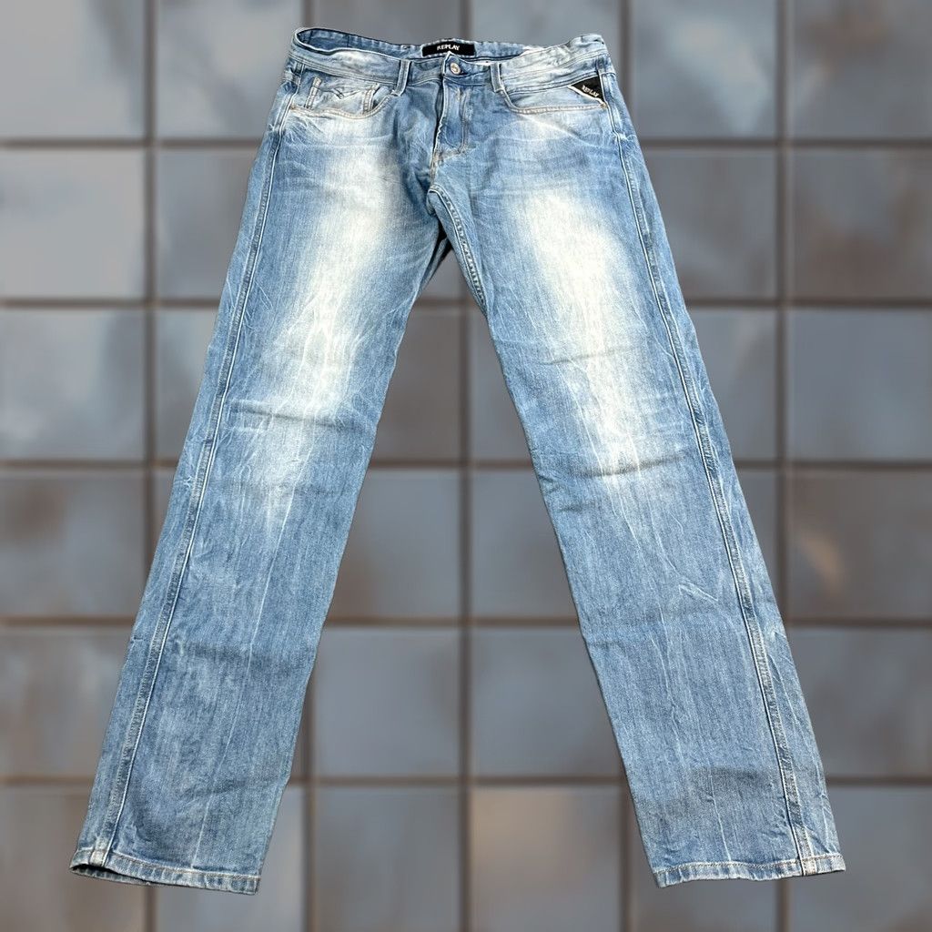 Replay Replay Jeans Slim Tapered 34 34 Light Wash Blue Stretch Whiskers Fades Denim Casual Mens Slim Jeans Size US 34 / EU 50 - 1 Thumbnail