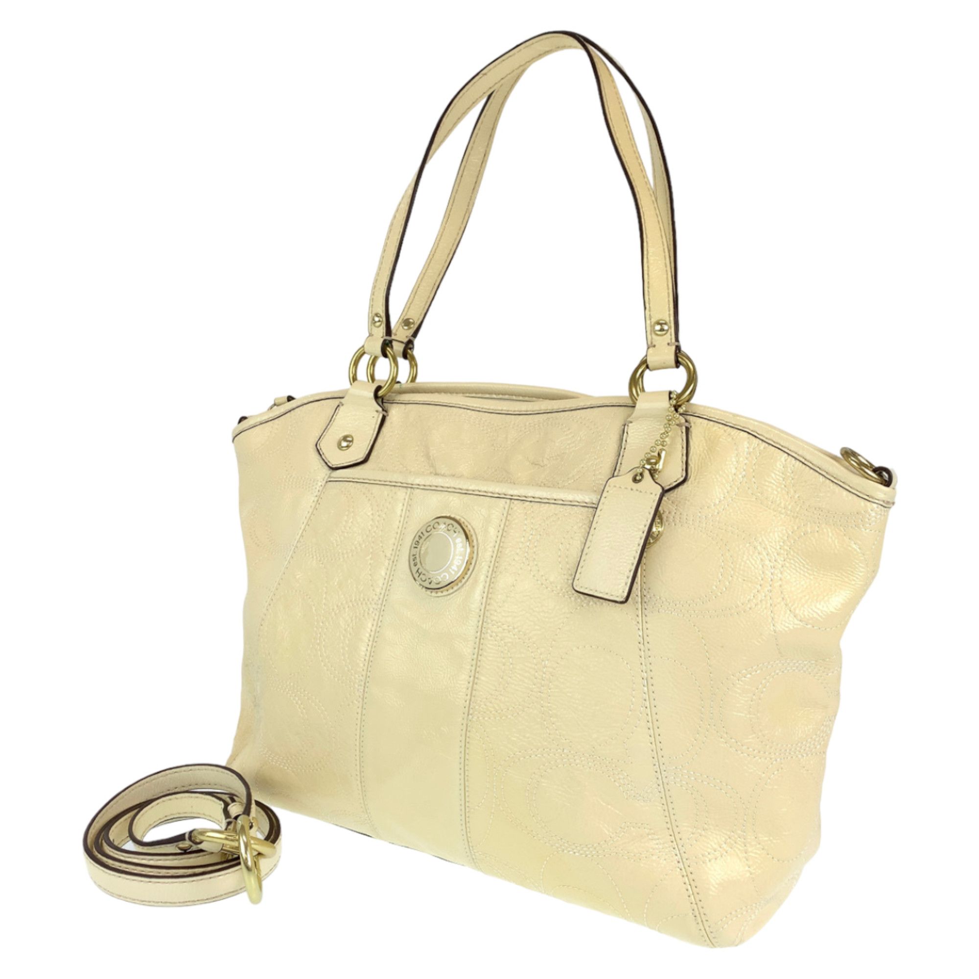 COACH Signature Cream Beige Enamel F19197 2way Shoulder Bag Tote Crossbody for Women