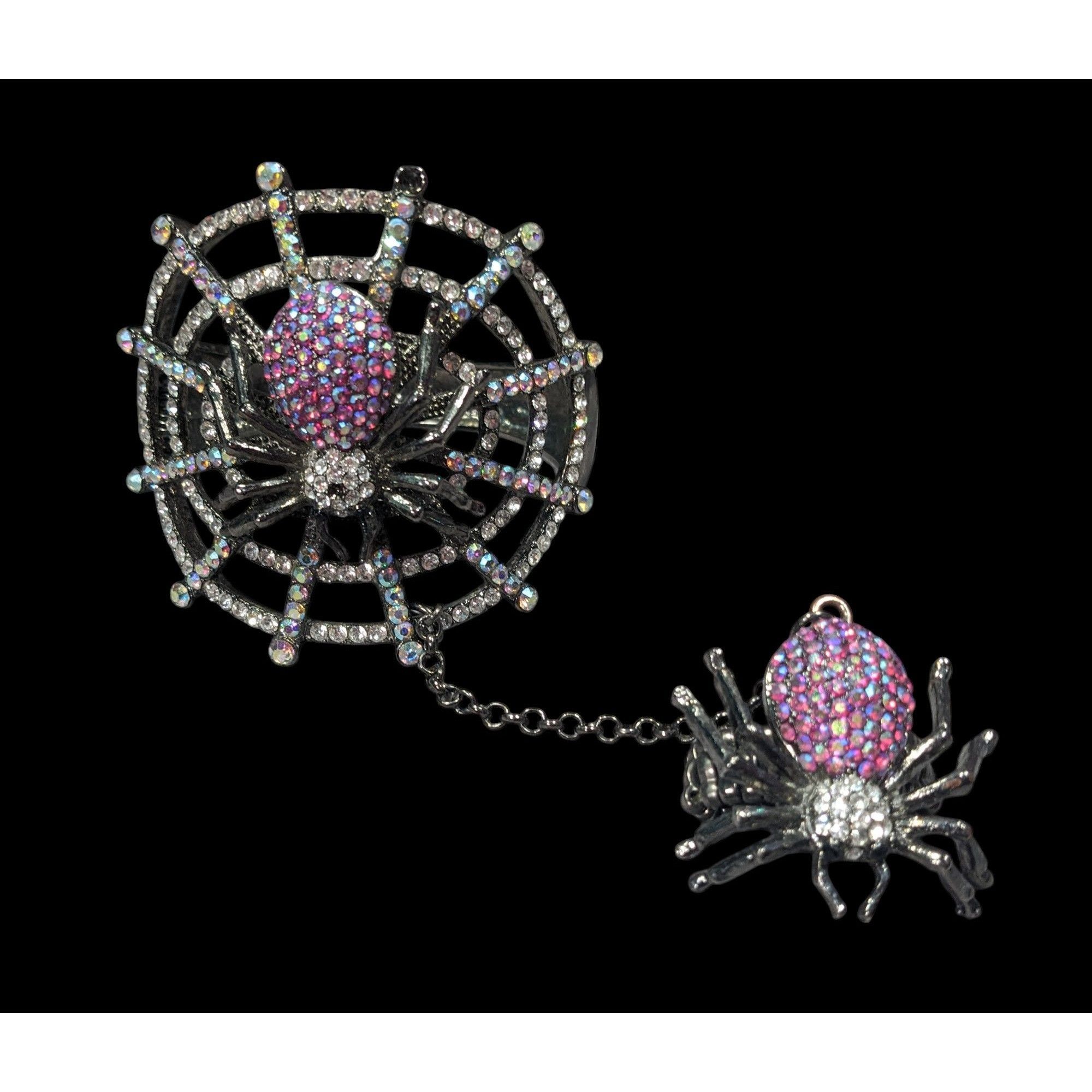 Glam Goth Spider Hinge Bracelet Ring Attached With Chain