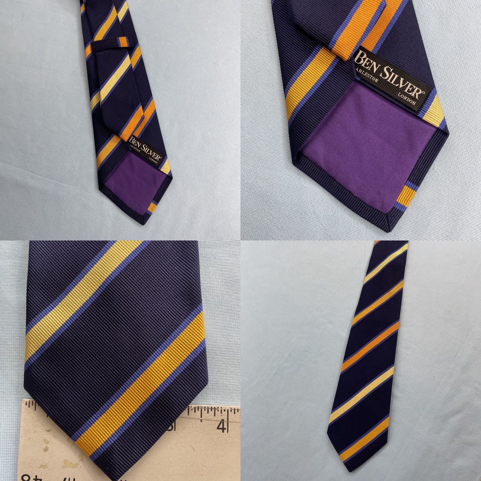 Vintage Ben Silver Silk Repp Tie 3.7x61" Long Blue Gold Yellow Stripe Vtg Money Capsule Men Tie Silk Business Executive Capsule Necktie Mens Size ONE SIZE - 8 Thumbnail