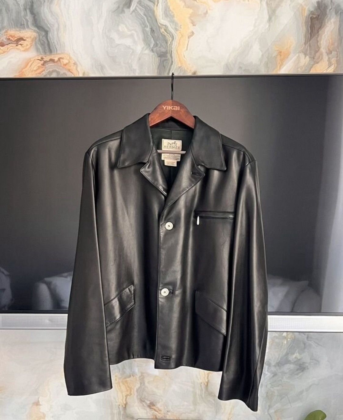 Hermes Hermes Leather Lambskin Logo Detail Jacket Black Size US L / EU 52-54 / 3 - 1 Thumbnail