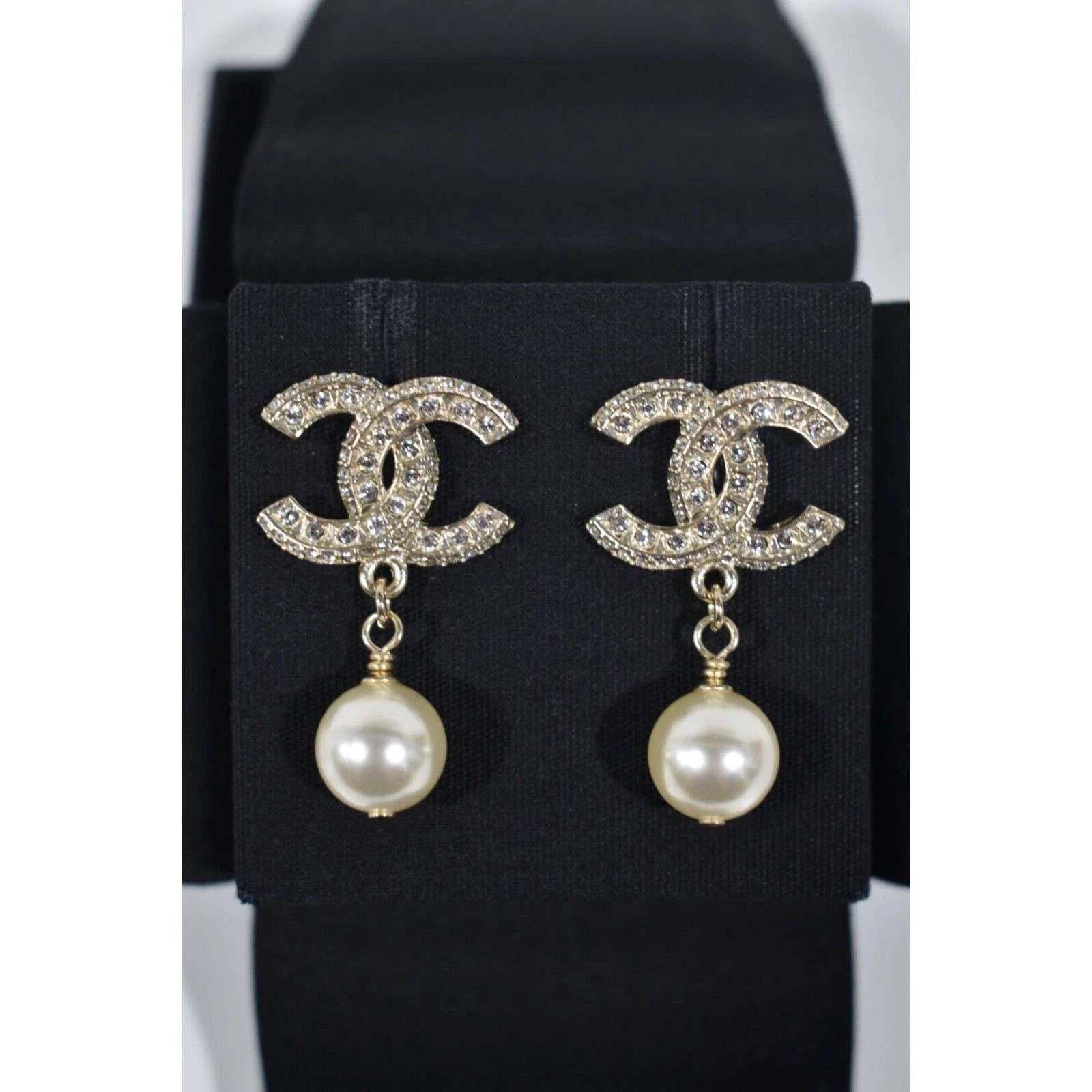 Chanel Chanel Gold Resin Crystal Pearl Statement Stud Drop Earrings Size ONE SIZE - 2 Thumbnail